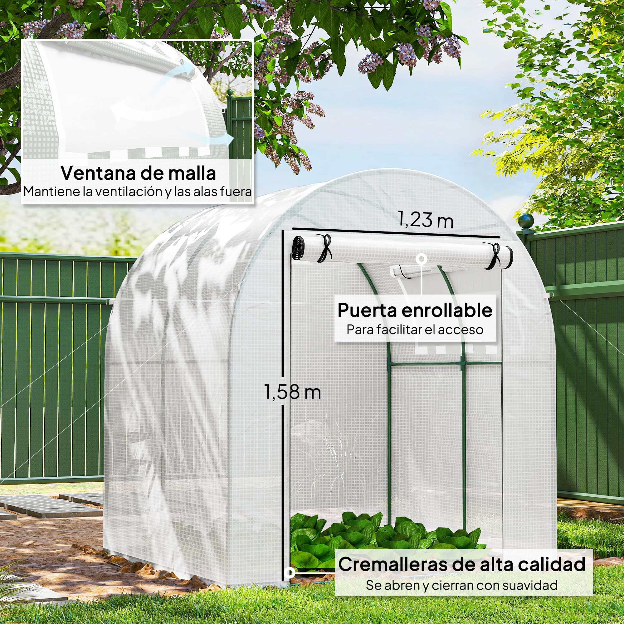 Outsunny Invernadero de Jardín 180x180x200 cm Invernadero de Túnel Pequeño con Puerta Enrollable y Ventana de Malla para Cultivar Plantas Flores Blanco