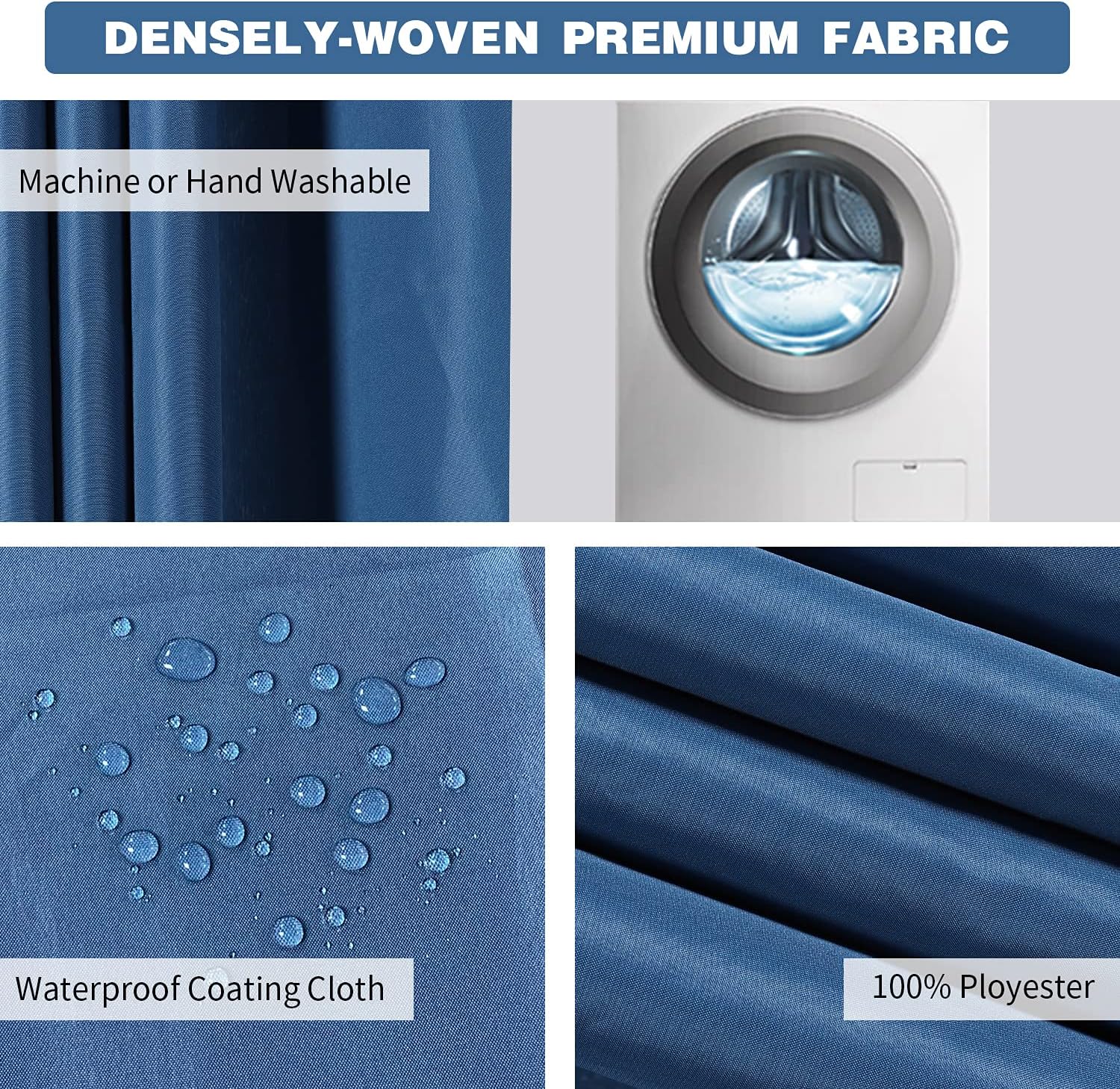 KAMSPARK No Hook Needed Shower Curtains for Bathroom Blue Fabric Shower Curtain with Snap in Liner & Mesh Window Hotel Grade 72" X 72"