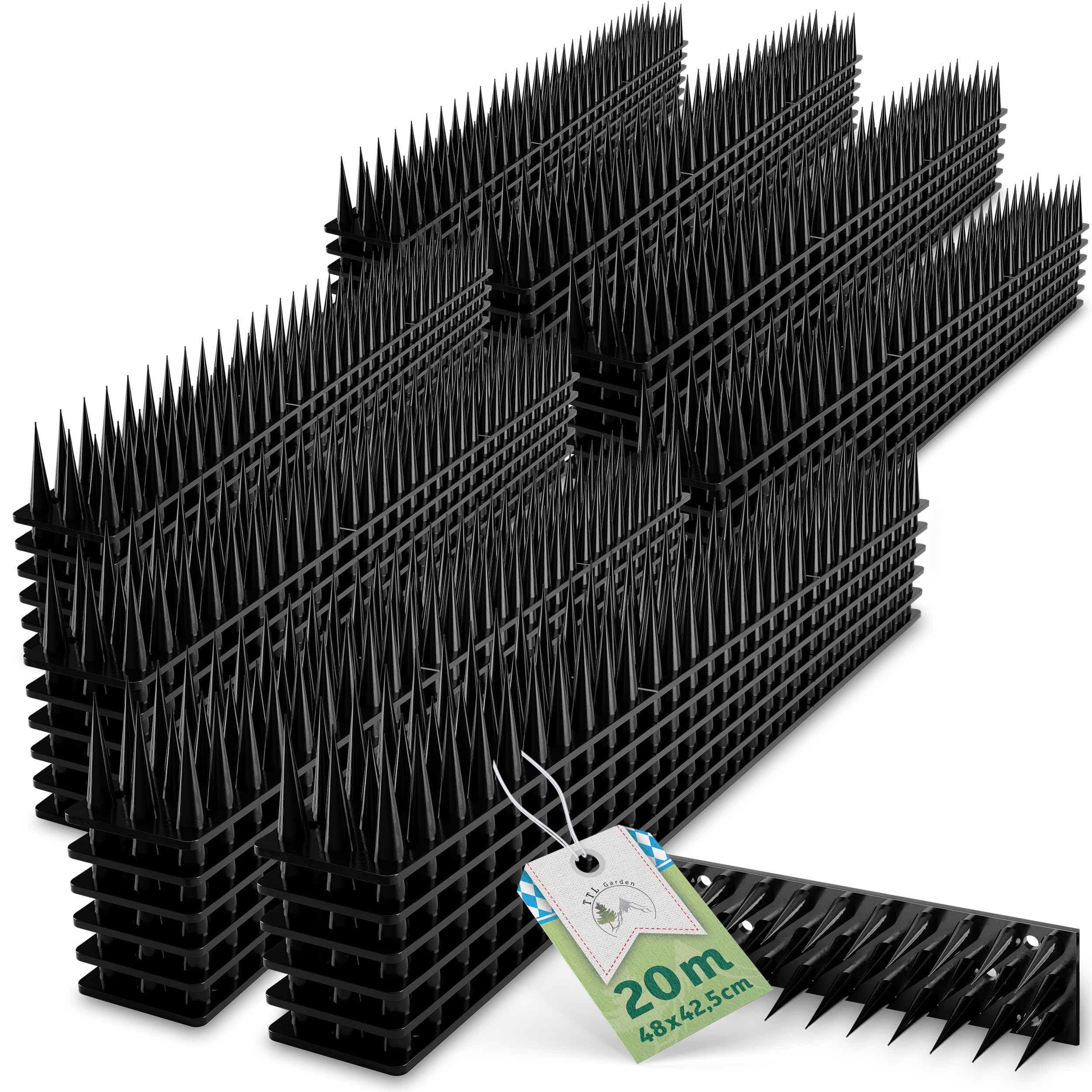 TTL GARDEN - Dissuasore piccioni per balconi e davanzali, 20 m, 48 x 42 cm, in plastica nera, 37 mm, 3 file, spaventapasseri per ringhiera, recinzione, impianto solare per finestre