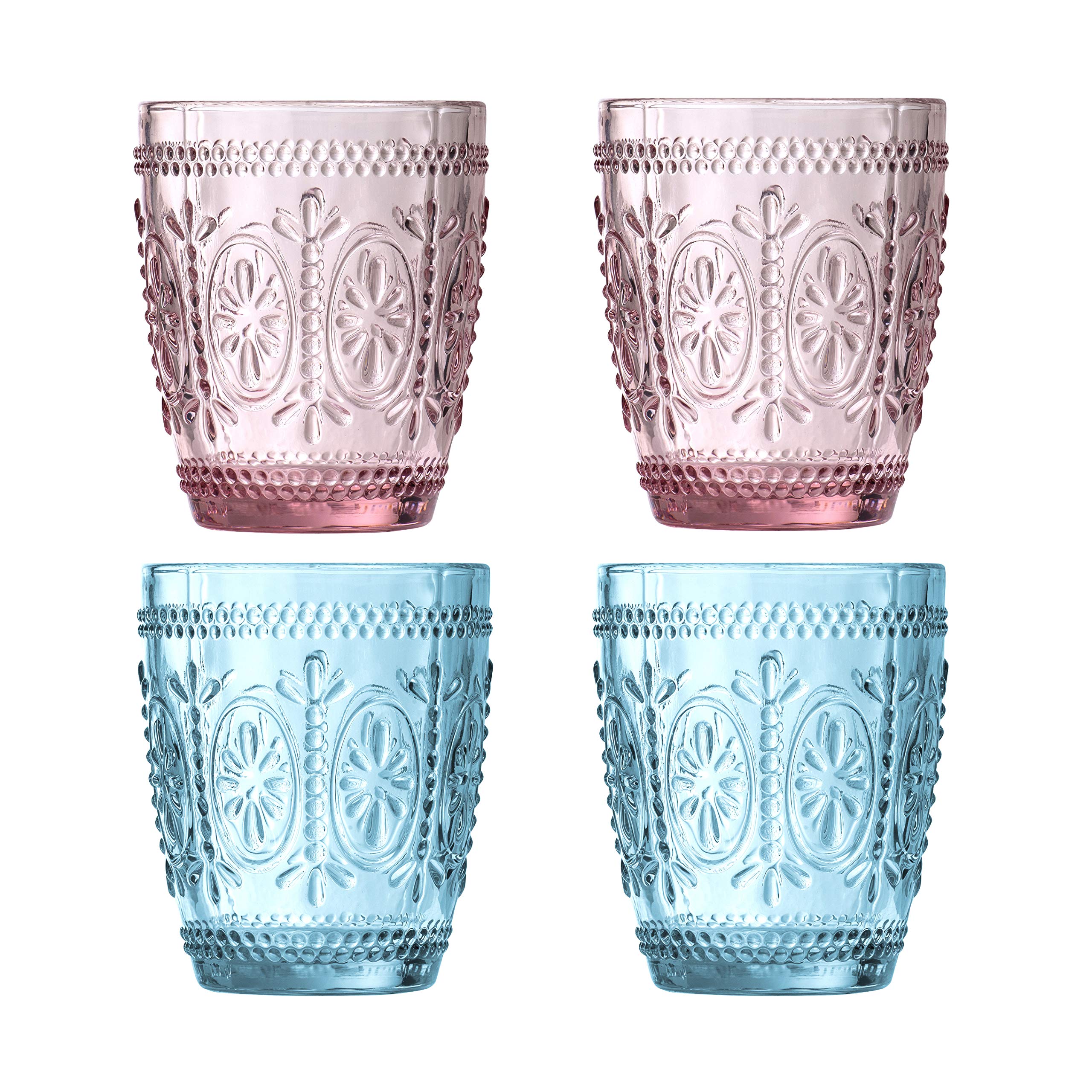 Interiors by Premier Glass Tumblers Set of 4 - Embossed Floral Design - 280ml - Pink & Blue