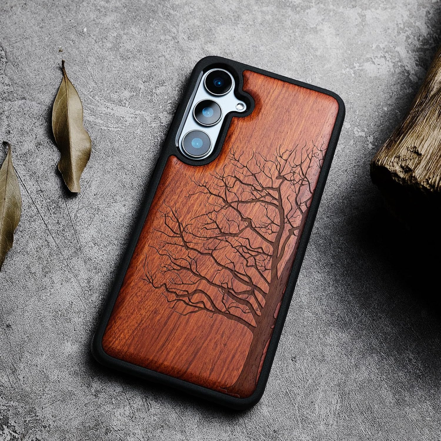 Carveit Wood Case for Galaxy S24 FE Case [Natural Wood & Black Soft TPU] Shockproof Protective Cover Unique Wooden Design Compatible with S24 FE (Eternal Tree-Rosy)