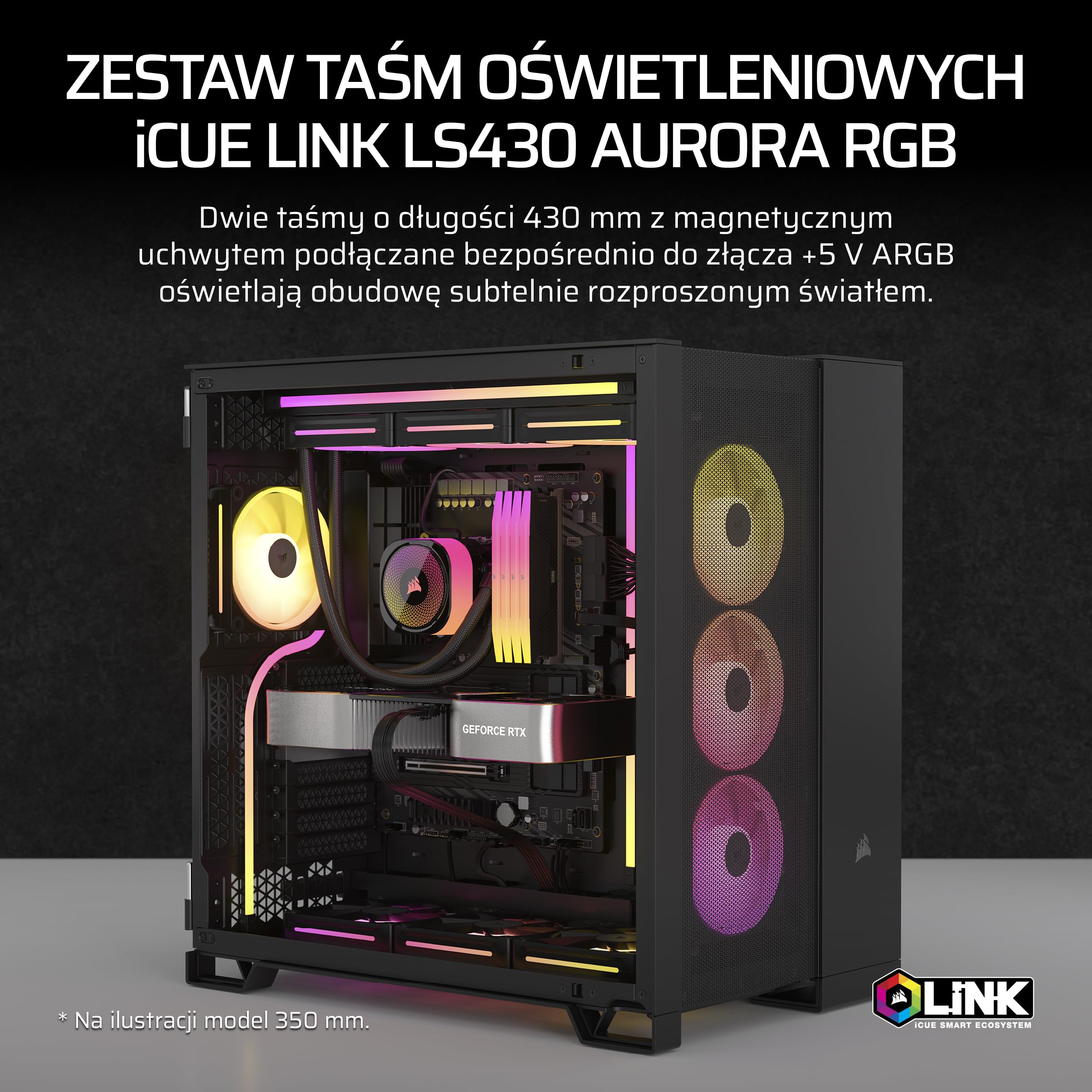CORSAIR iCUE LINK LS430 Aurora RGB Pasków Świetlnych 430mm Zestaw – 2x Magnetyczne Rozproszone Indywidualnie Adresowalne Taśmy LED RGB – Adapter iCUE LINK i 3-Stykowy Kabel ARGB na iCUE w Zestawie