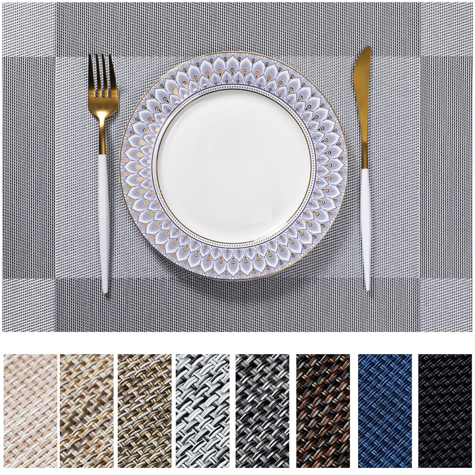 LEXMORE Placemats Set of 4 Vinyl/Plastic Woven Place Mats for Kitchen Table Indoor/Outdoor Washable Placemat Wipeable Dining Table Mats(Silver Cube)
