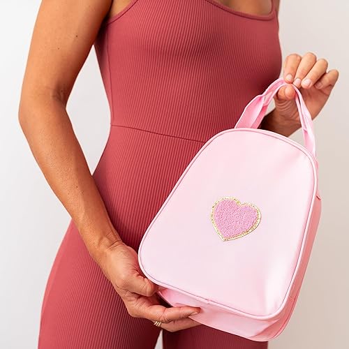 Miniatura 8 de Fablinks Preppy - Lonchera rosa para mujer, reutilizable, aislada, de nailon, para el trabajo, bonita lonchera compacta con parche de corazón de