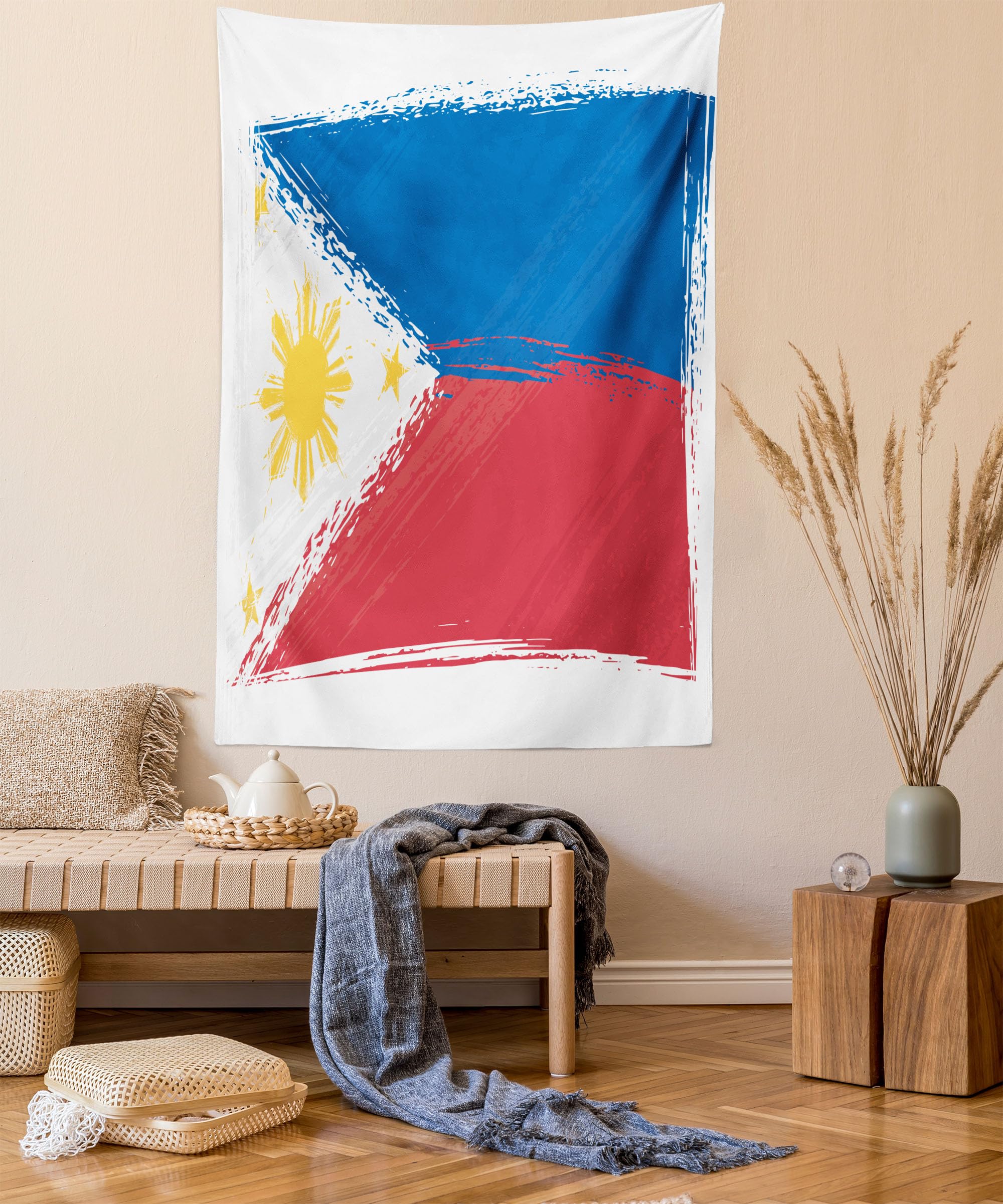 Ambesonne Filipino Tapestry, Brush Stroke Style Grungy Philippines National Flag Print, Wall Hanging for Bedroom Living Room Dorm Decor, 40" X 60", Cobalt Blue Yellow and Red
