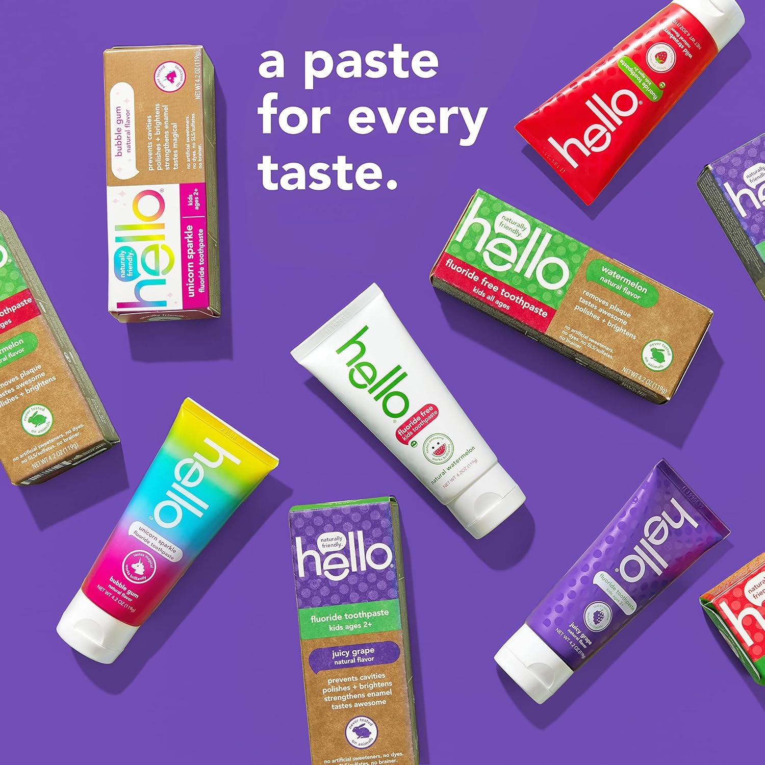 Hello Juicy Grape Flavor Kids Fluoride Toothpaste, Anticavity, Vegan, SLS Free, Gluten Free, for Ages 2 and Up, 4.2 Ounce (Pack of 4)