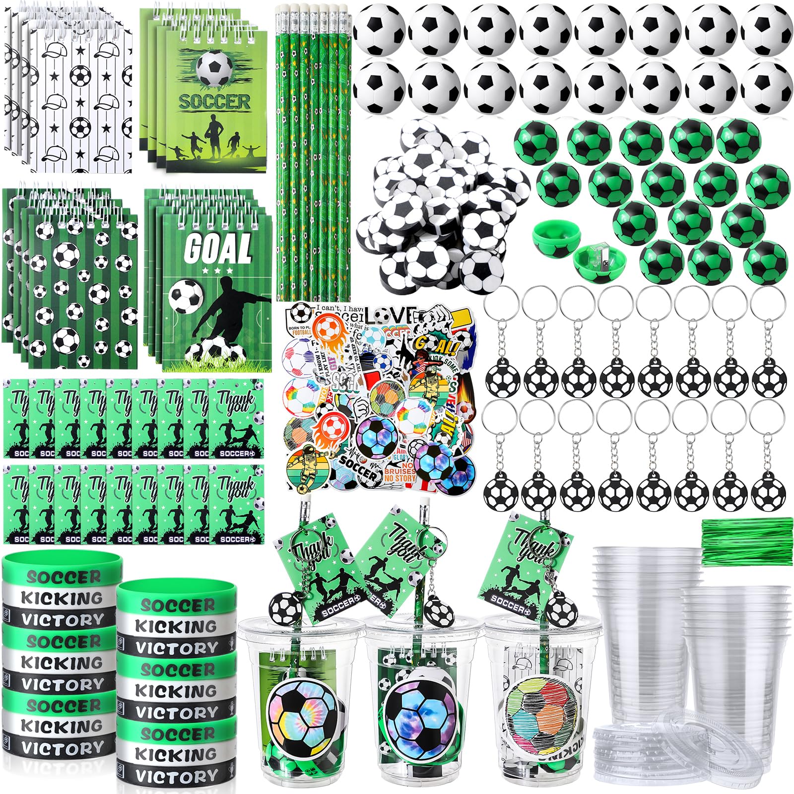 Colarr 195 Pcs Soccer Birthday Gifts Party Favors Sports Team Gift Cups Pencils Mini Book Keychains Wristbands Stickers Thank You Cards Eraser
