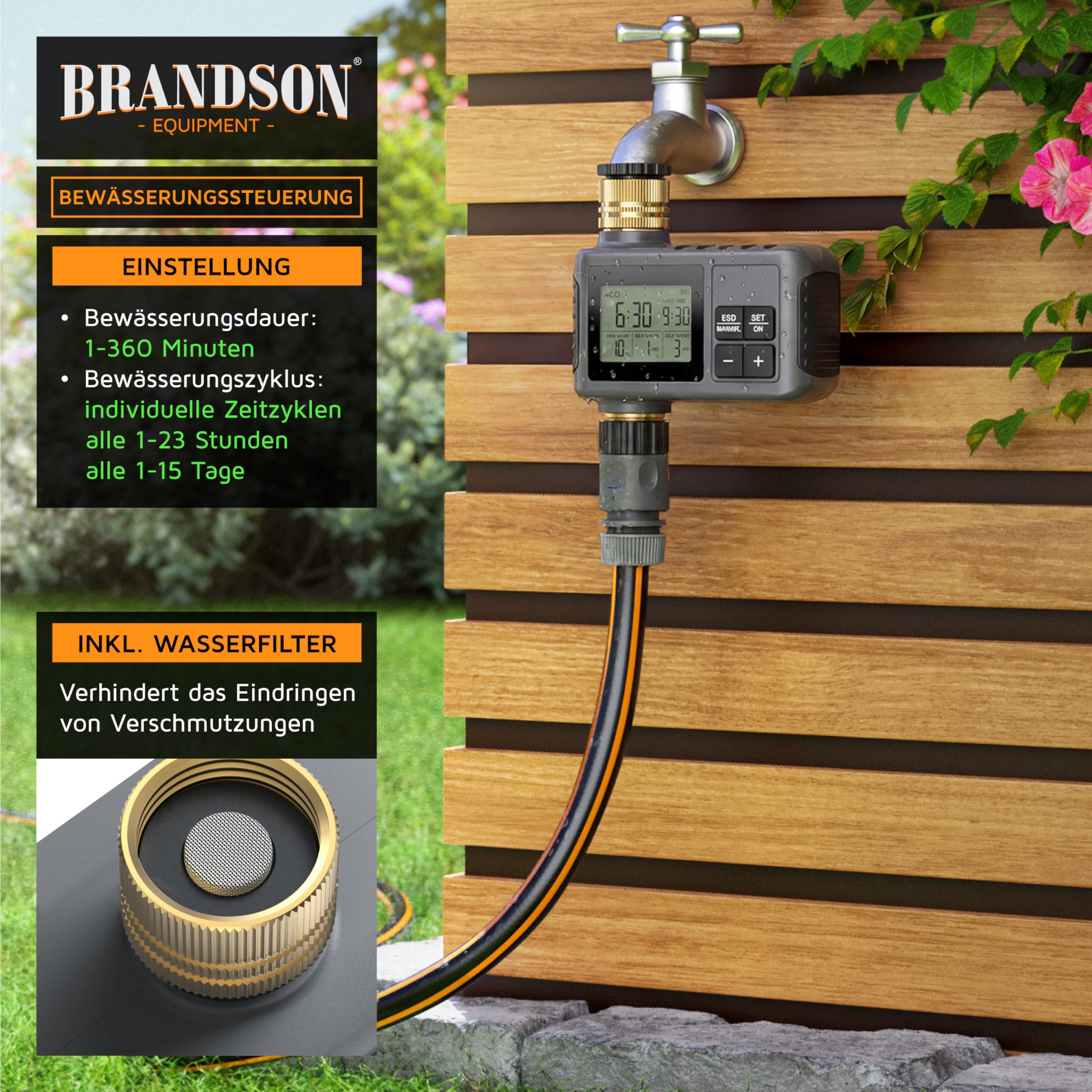 Brandson - Bewässerungssteuerung digital mit Display - Bewässerungcomputer Wasserzeitschaltuhr - Bewässerungssteuerung - Bewässerungssystem – Automatische Bewässerung - Balkon Terrasse Garten