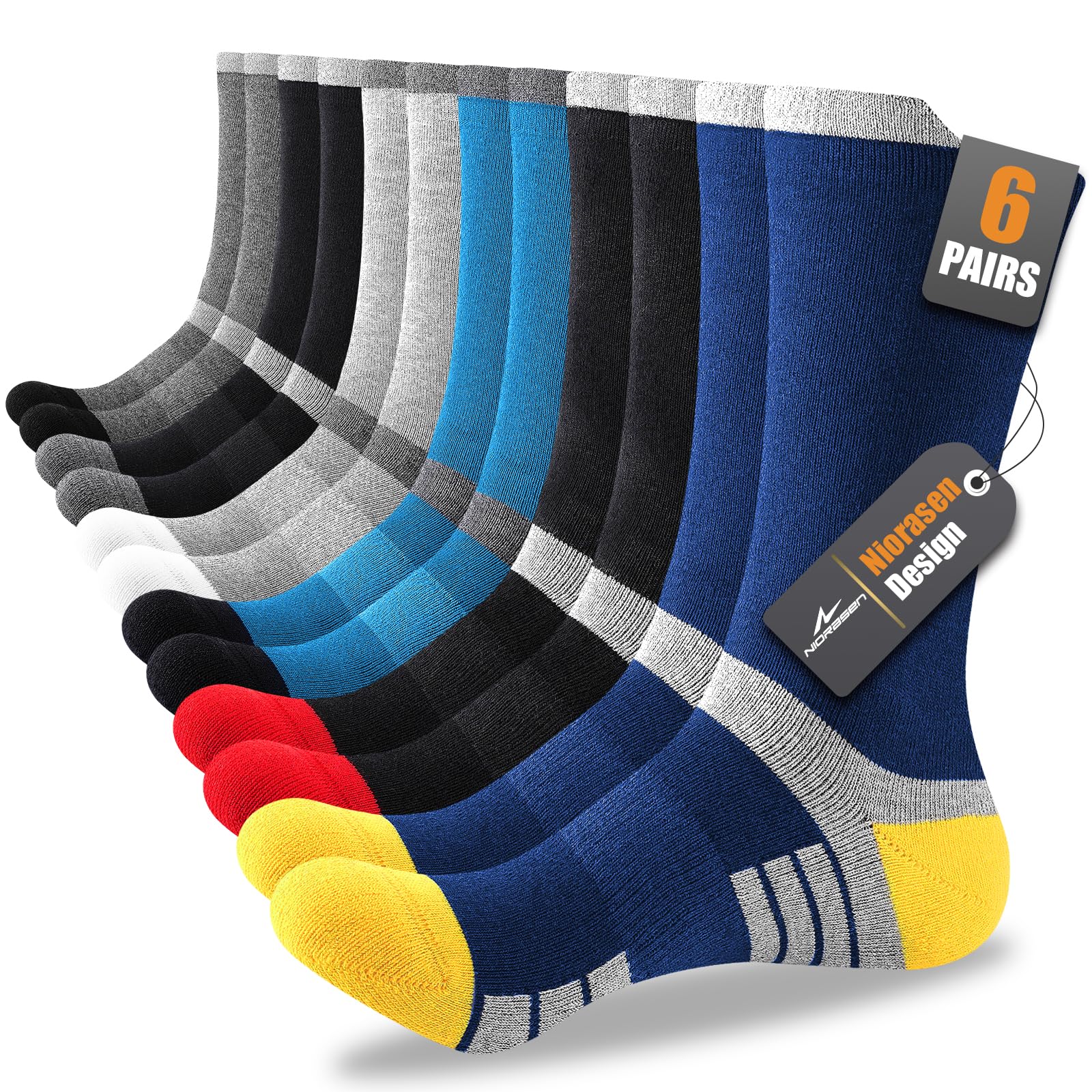 6 Pairs Mens Cotton Crew Work Boot Socks Moisture Athletic Sports Socks for Hiking Running Workout