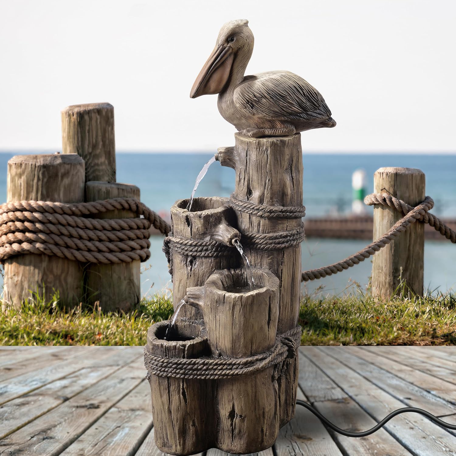 Teamson Home Nautical 3 Tiered Floor Waterfall Fountain with Pelican and Wooden Post, Pump for Outdoor Patio Garden Backyard Decking, 35 Inch Height, Brown