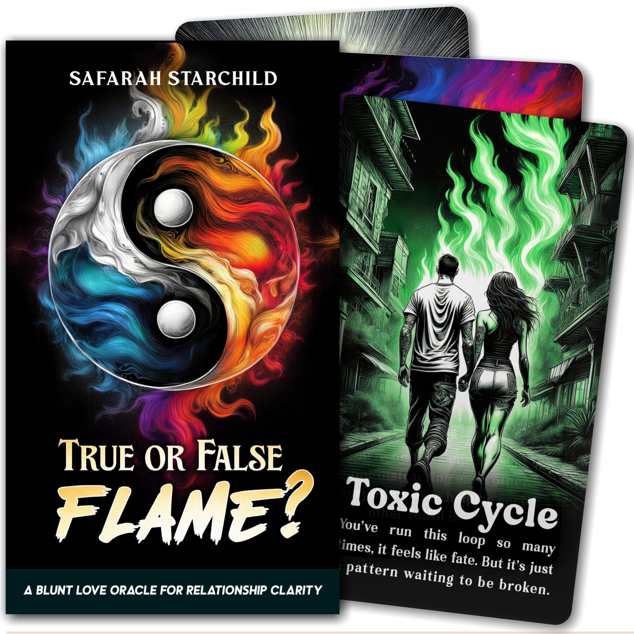 Metaphoracle True or False Flame? A Blunt Love Oracle for Relationship Clarity by Safarah Starchild - Deck of 64 Tarot Sized Cards with Keywords and Meanings on Them