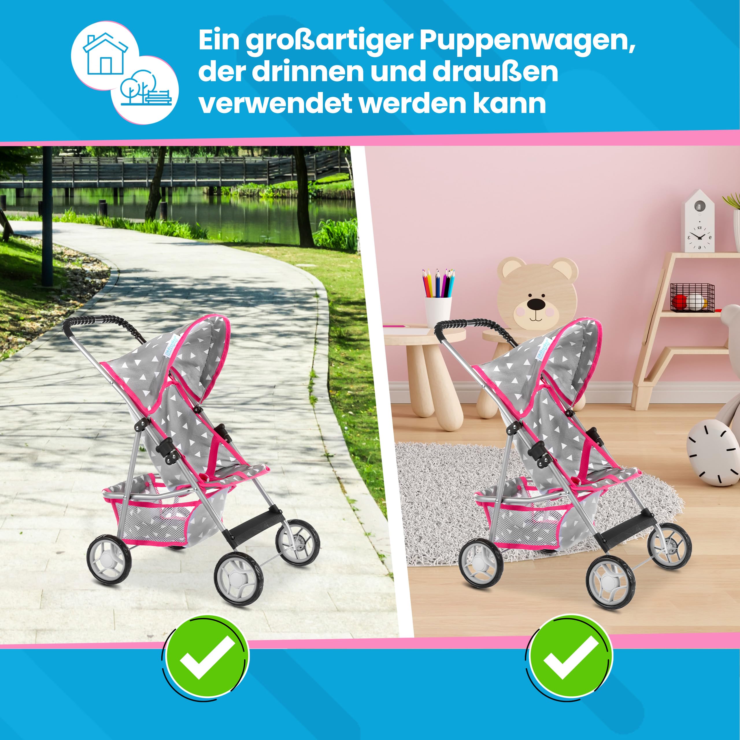 Kinderplay Wózek dla lalek, wózek dziecięcy, wózek dla lalek, wózek z pasem bezpieczeństwa i siatką na zakupy – zabawka dla niemowląt, nowoczesne, lekko obracające się kółka i miękka rękojeść, KP0280S
