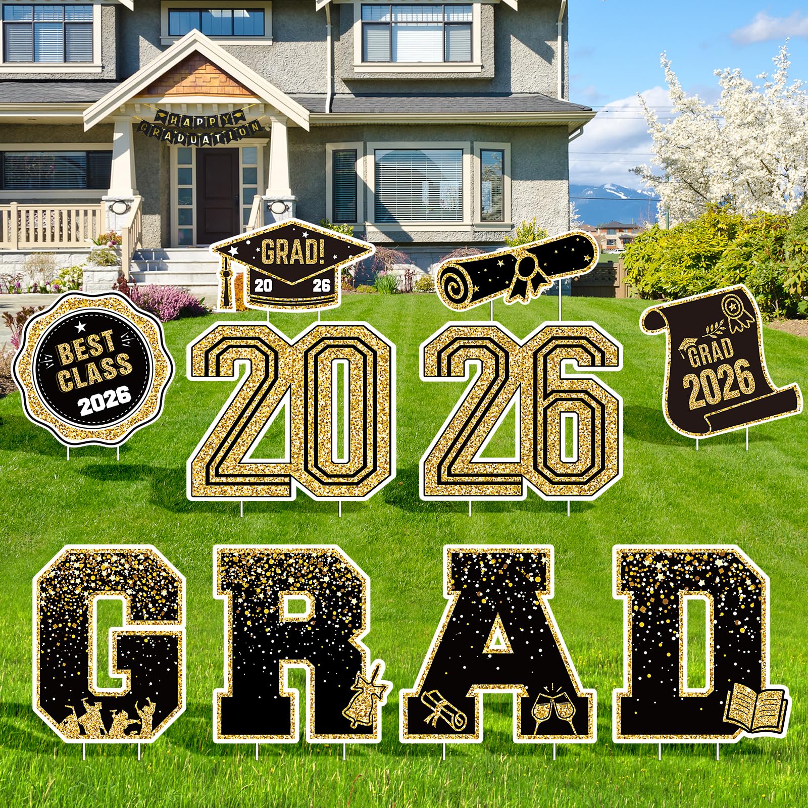 Photo 1 of 2026 Graduation Decorations Yard Signs – 10PCS Black and Gold Congrats Grad Lawn Decorations with Stakes, Graduation Party Supplies, Large Outdoor Graduation Party Decor for High School & College