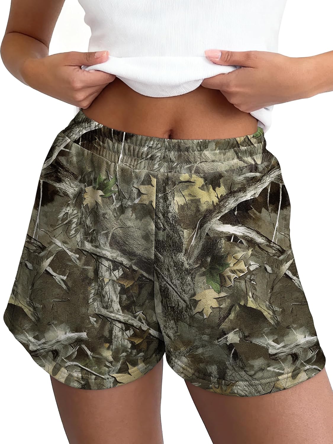 LOGENE Camo Sweat Shorts for Women Casual Elastic High Waist Comfy 2026 Summer Lounge Athletic Sweatpant Shorts with Pockets