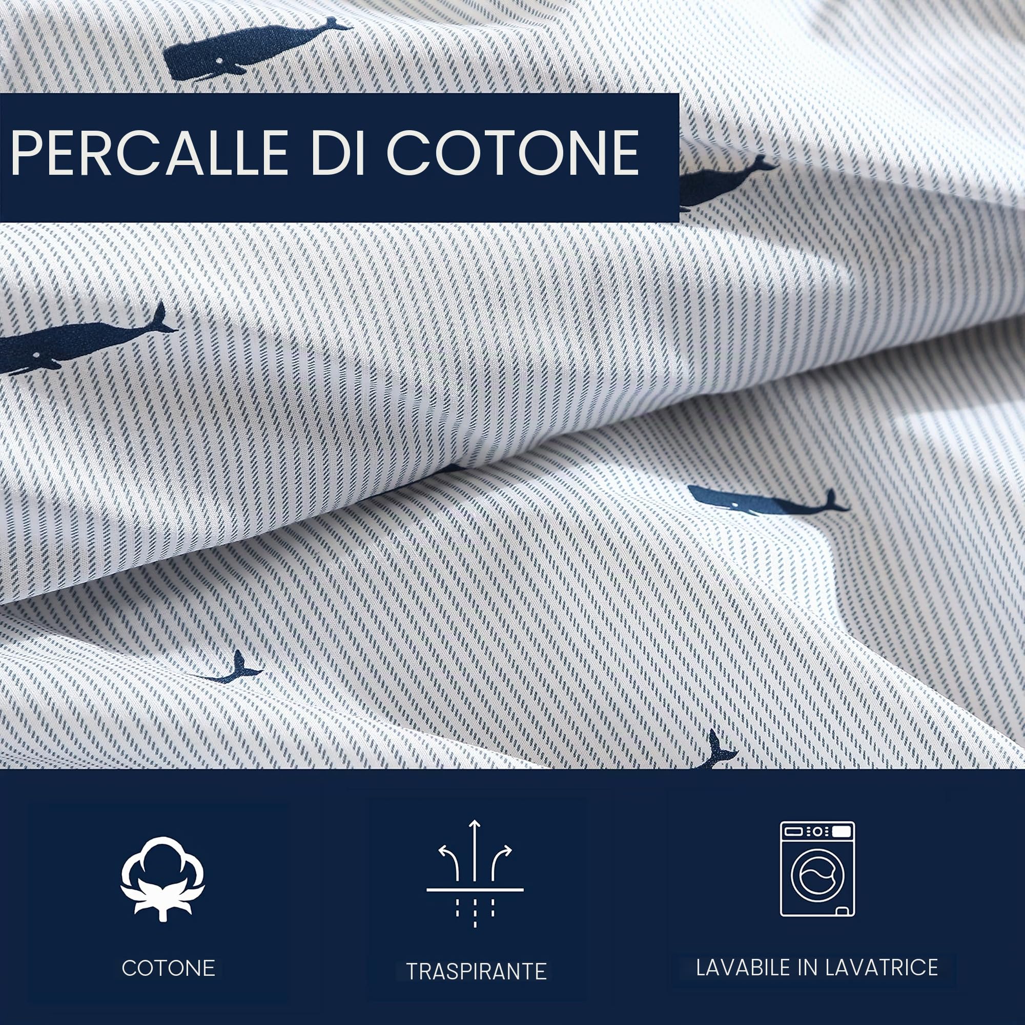 Nautica - Lenzuola per letto matrimoniale XL, set di biancheria da letto in percalle di cotone, decorazione per la casa costiera, elementi essenziali per la camera da letto (balena a righe blu, Twin