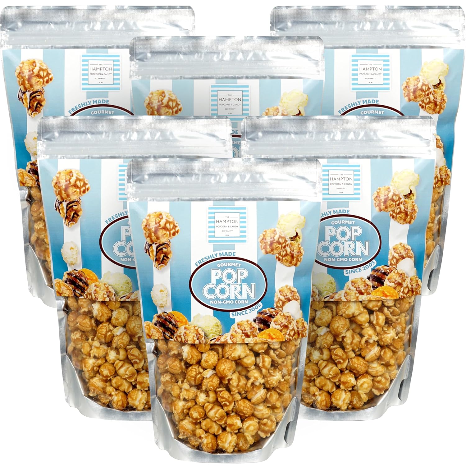 The Hampton Popcorn Company Caramel Popcorn Resealable Zip Bag, 9.5 Ounce (Pack of 6), Caramel Corn, Fresh Gourmet Popcorn