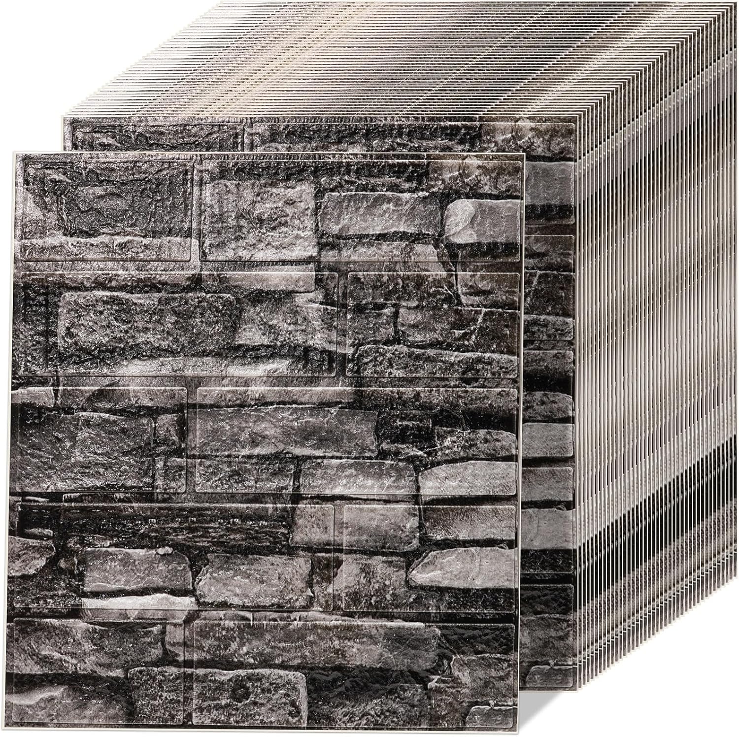 3D Wall Panels Peel and Stick, 40 PCS PE Foam Stone 3D Wallpaper, Faux Brick Wall Panels for Bedroom, Living Room, Stairs, Kitchen, Rock Black