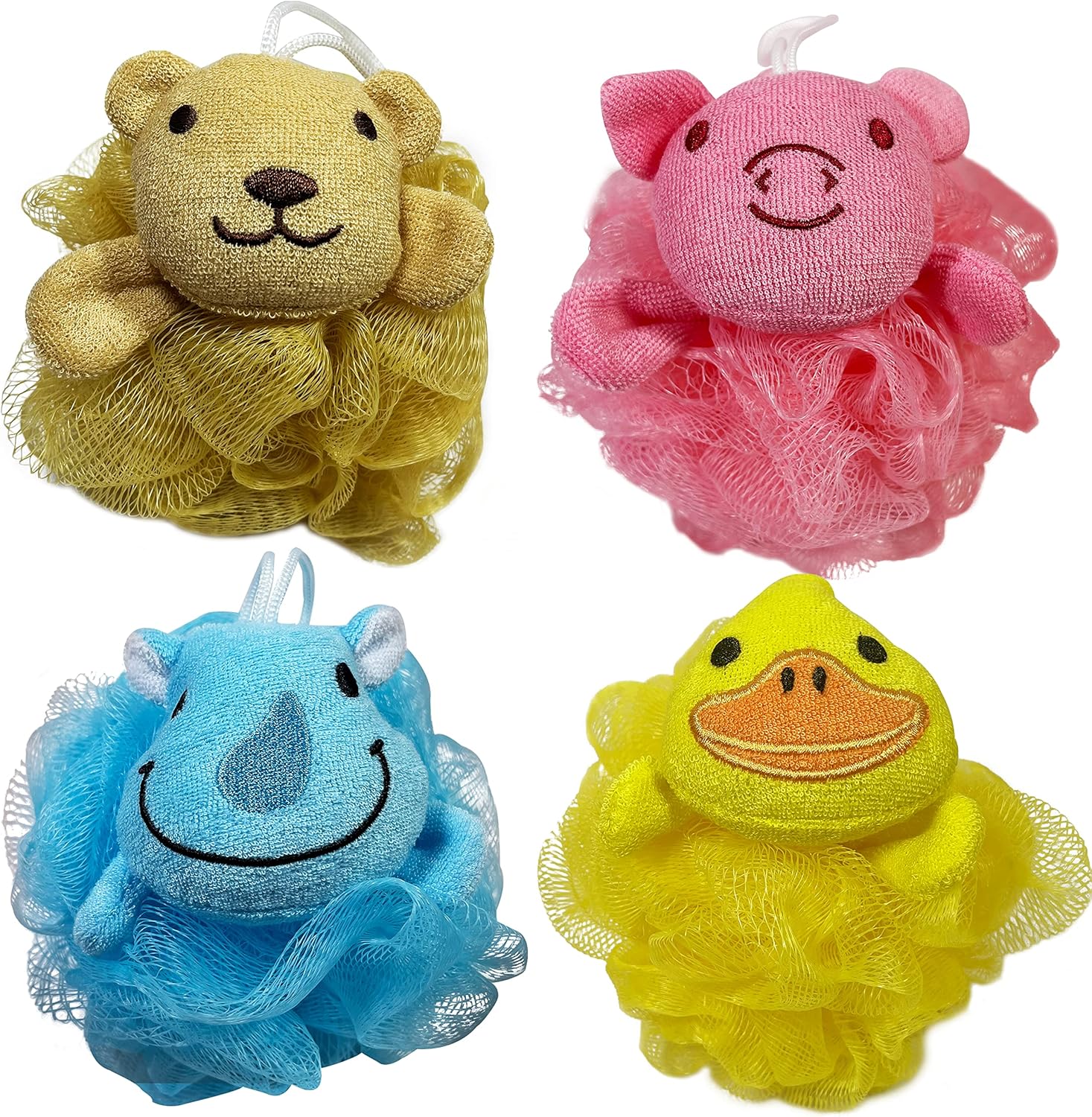 (4 Pack) Lovely Animal Design Kids Exfoliating Bath Scrubber Body Scrubber Shower Ball for Baby Toddler Kids Gentle Exfoliating Bath Sponge Loofah Pouf in Colorful Design (Joyful TERRICOLE)