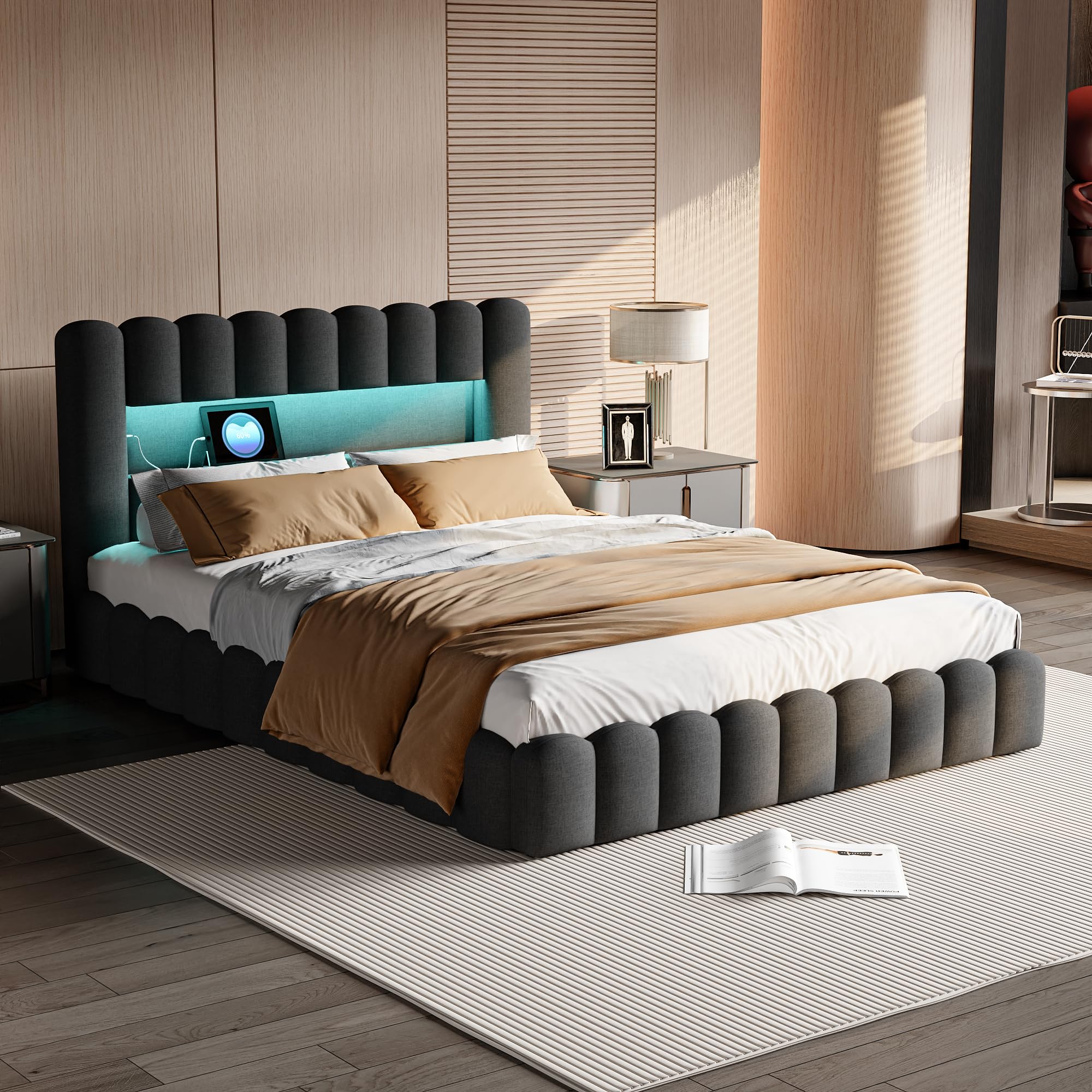 Letto contenitore 180x200 con rete a doghe e vano contenitore, letto matrimoniale con LED e USB, struttura del letto con testiera capitonné, letti a 2 piazze imbottiti, lino grigio