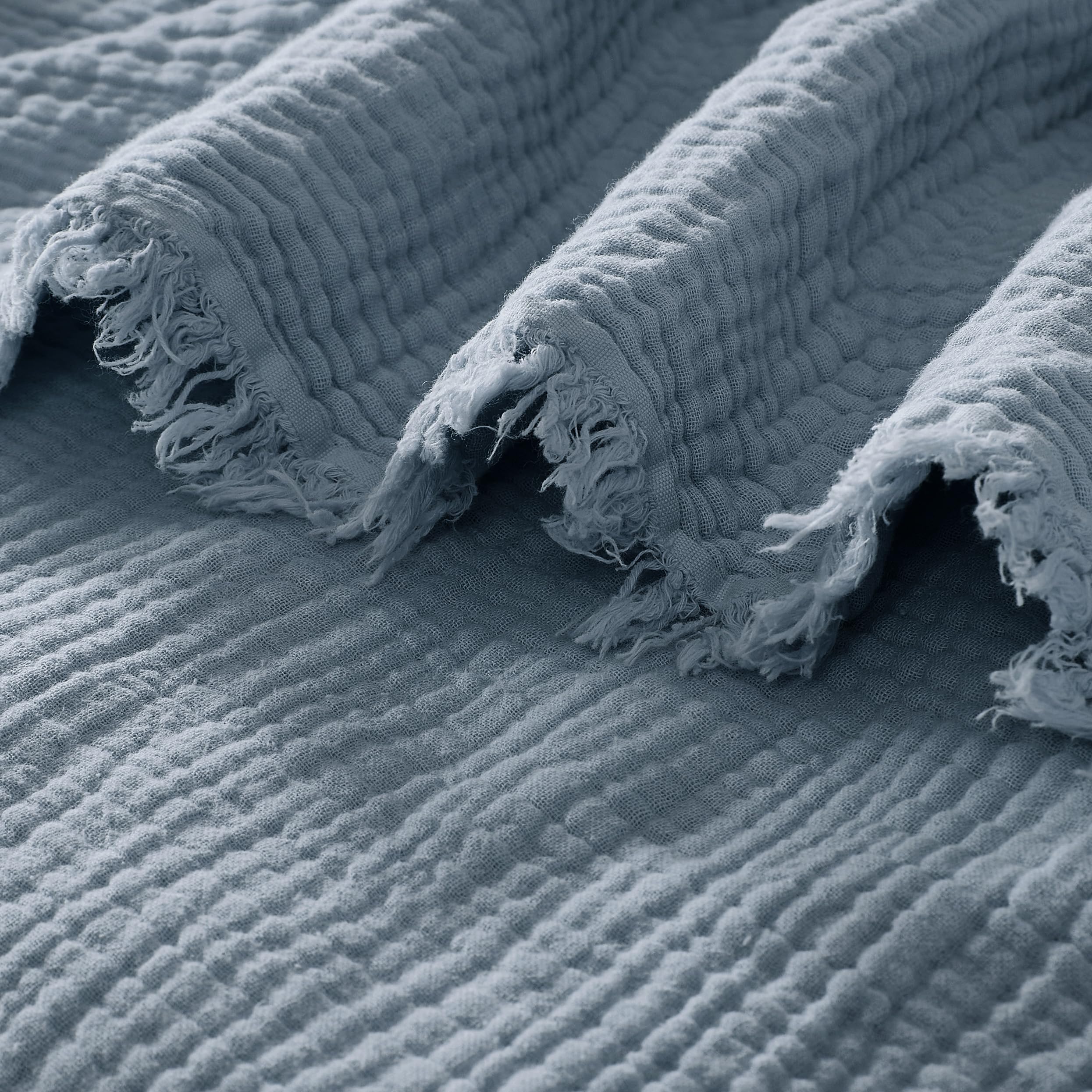 R.SHARE Coperta Mussole 100% Cotone per Adulti 130x150cm Coperta Cotone 4 Strati con Frange Traspirante Morbida Copriletto Estivo Matrimoniale Copridivano, Blu