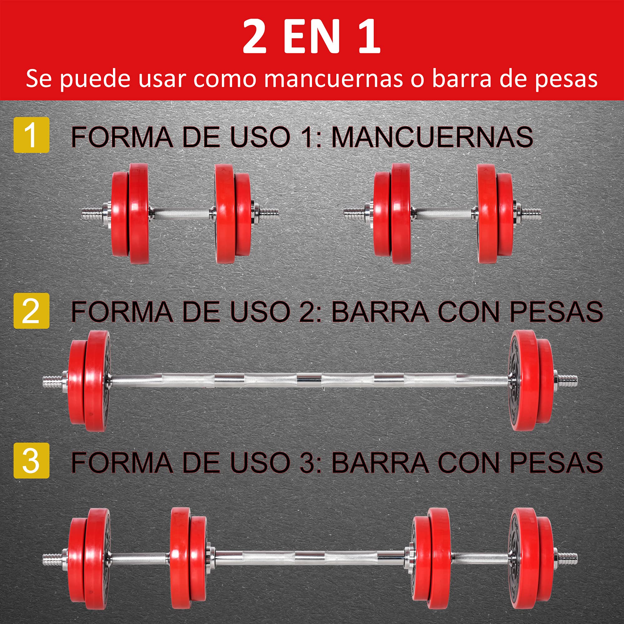 HOMCOM Juego de Mancuernas Ajustables 2 en 1 20 kg como Barra, Mancuernas, con 8 Discos 2 Barras y Biela Ajustable para Entrenamiento de Fuerza, Levantamiento de Pesas, Hogar, Gimnasio, Oficina