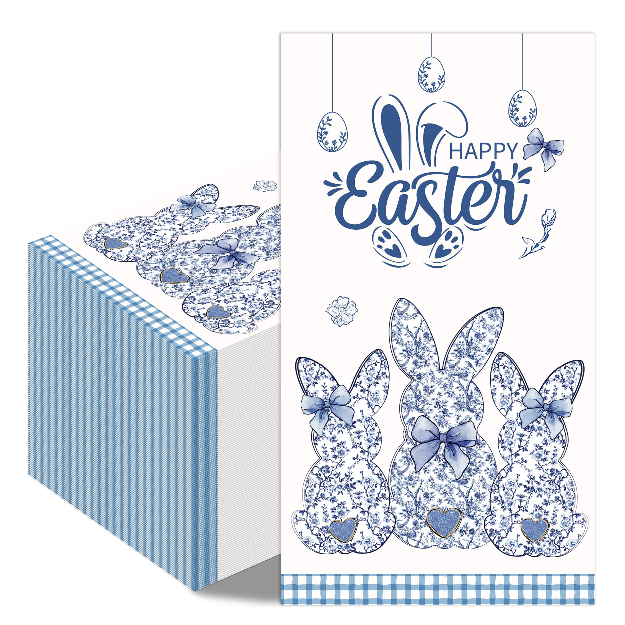 Easter Bunny Chinoiserie Napkins - 100 Pcs Blue White Happy Paper Dinner Disposable Party Decorations Sets Decorative Guest Cocktail Table Luncheon Beverage Supplies Decor Bulk 7.9 x 4.3 In