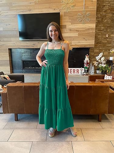 Miniatura 4 de Vestido largo de verano para mujer de PRETTYGARDEN, casual, bohemio, sin mangas, con tirantes delgados, fruncido, para playa, para el sol.