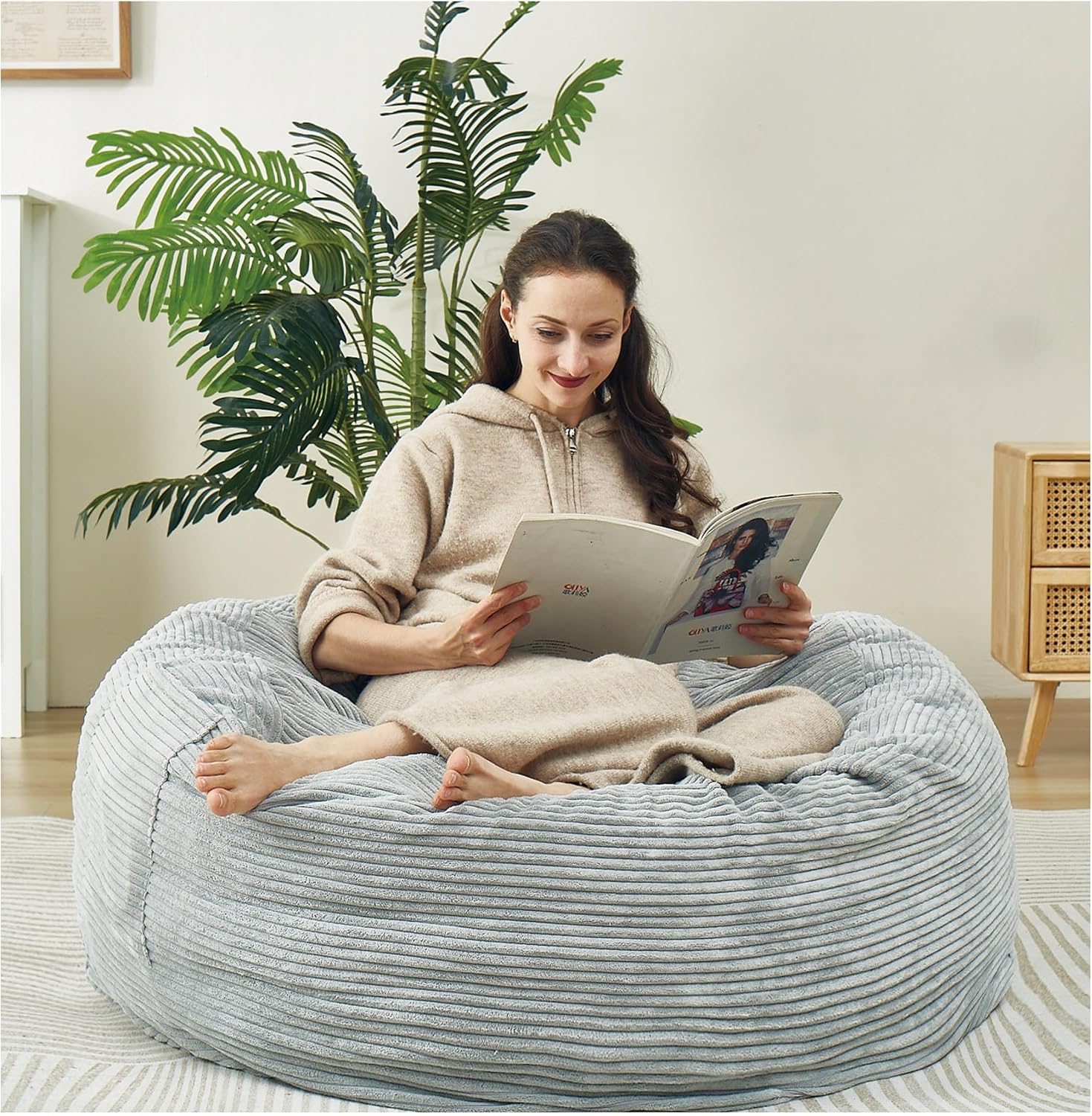 ( missing cover) 48 Inches / 4 Feet Bean Bag Chair with Memory Foam Filler for Adults and Kids, Ultra Soft Light Gray Corduroy Cover, Living Room Use, Comfortable Wrap ?Corduroy 4 feet? Grey Large