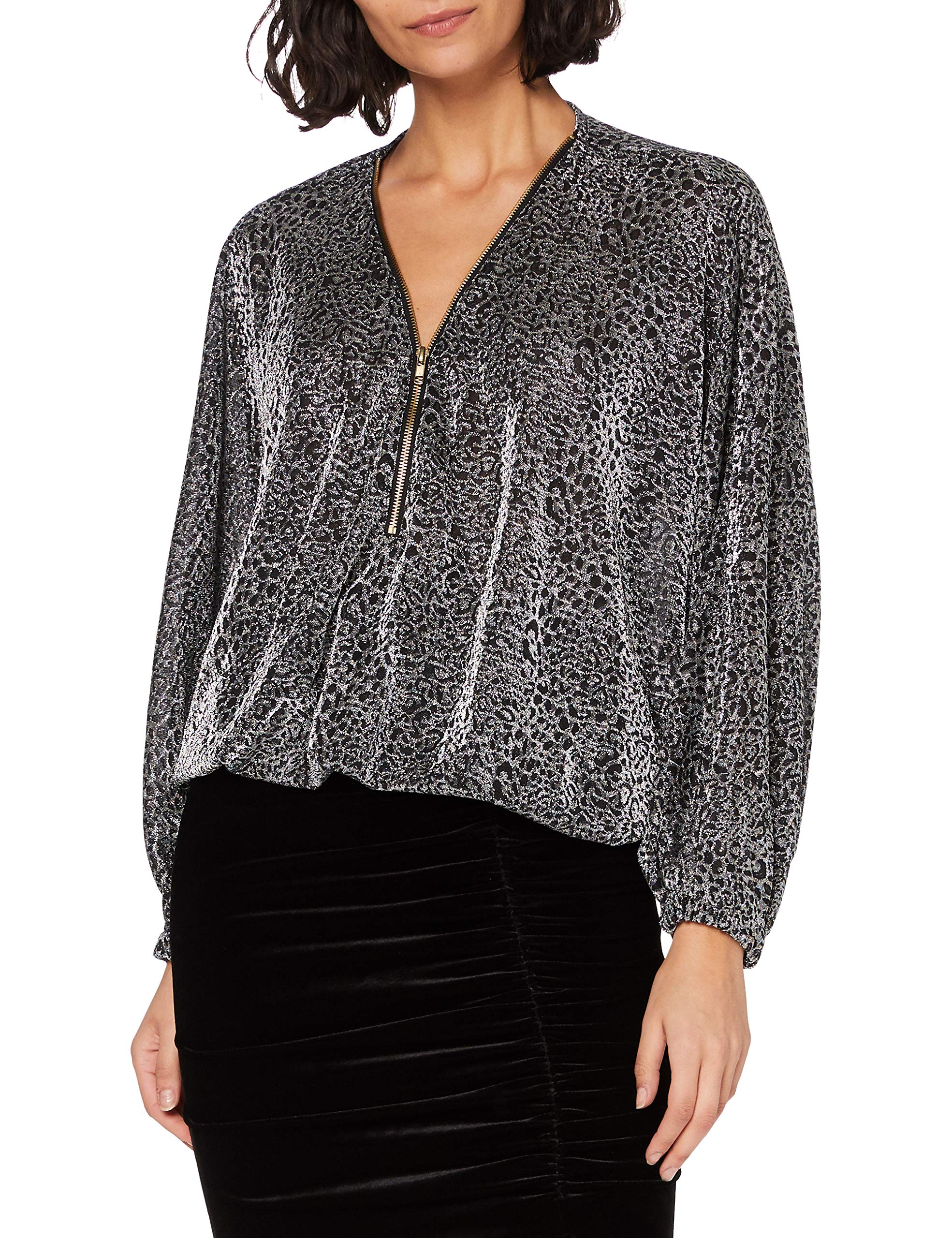 Women's MELA LONDON - LEOPARD PATTERNED GLITZ ZIP FRONT TOP T-Shirt