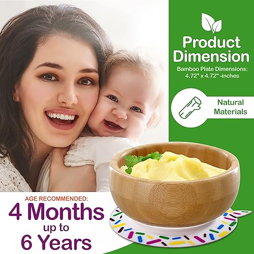 Miniatura 2 de NutriChef Cuenco de bambú para bebés, juego de platos y cucharas de madera para bebés con base de succión de silicona para mantenerse en su lugar,