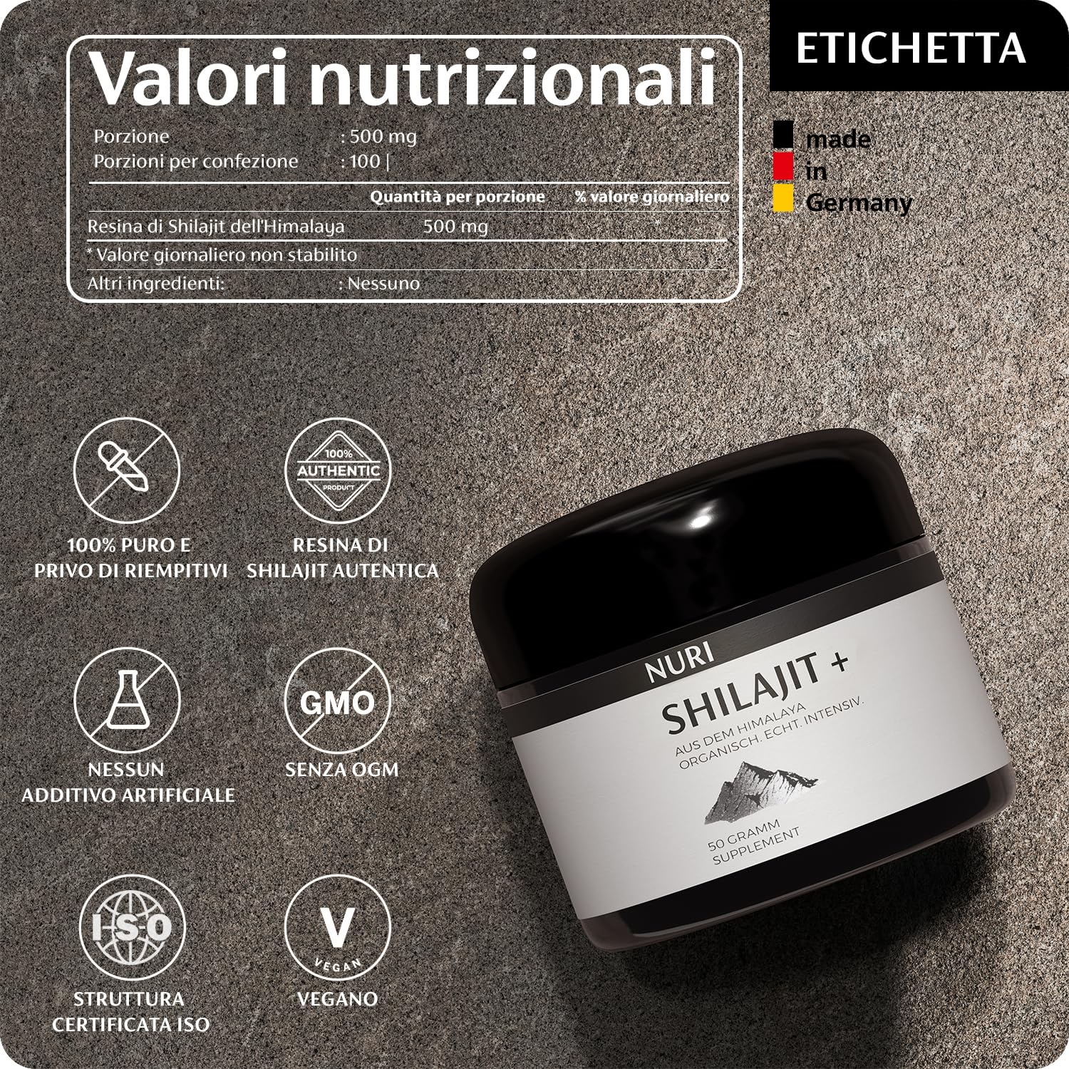 NUOVO su Amazon.it | NURI - Puro Resina di Shilajit dell'Himalaya Biologico Integratore Alimentare | 50 Grammi | Autentico e Naturale | Contiene Acido Fulvico e Oligoelementi