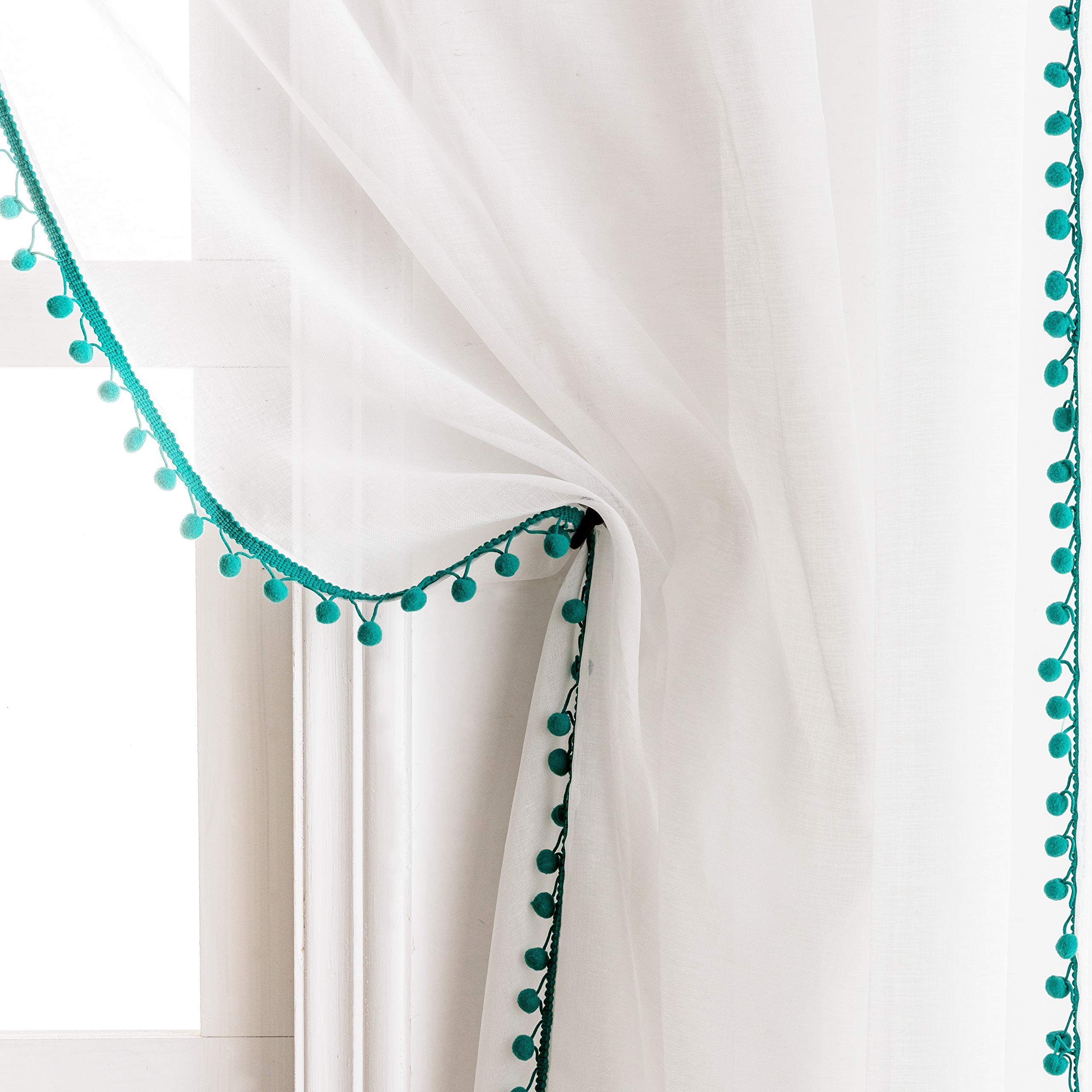 MISS SELECTEX Linen Look Pom Pom Tasseled Sheer Curtains - Rod Pocket Voile Semi-Sheer Curtains for Living and Bedroom, Set of 2 Curtain Panels (52 x 72 inch, White Sheer & Teal Pom Poms)