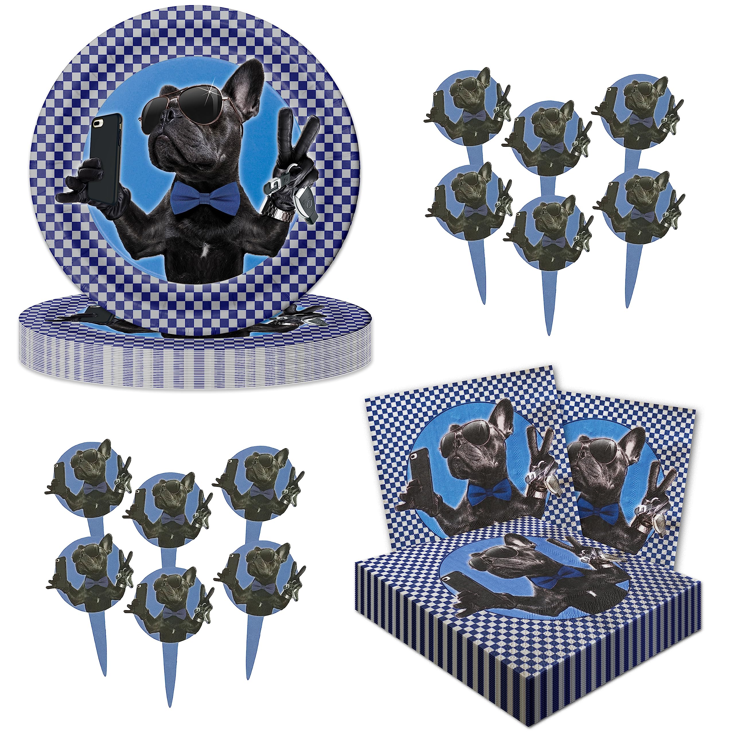Havercamp Cool Bulldog or Dog Theme Party Set for 16 Guests; Including 16 ea. 9” Dinner Plates and Luncheon Napkins and 24 Festive Party Picks.