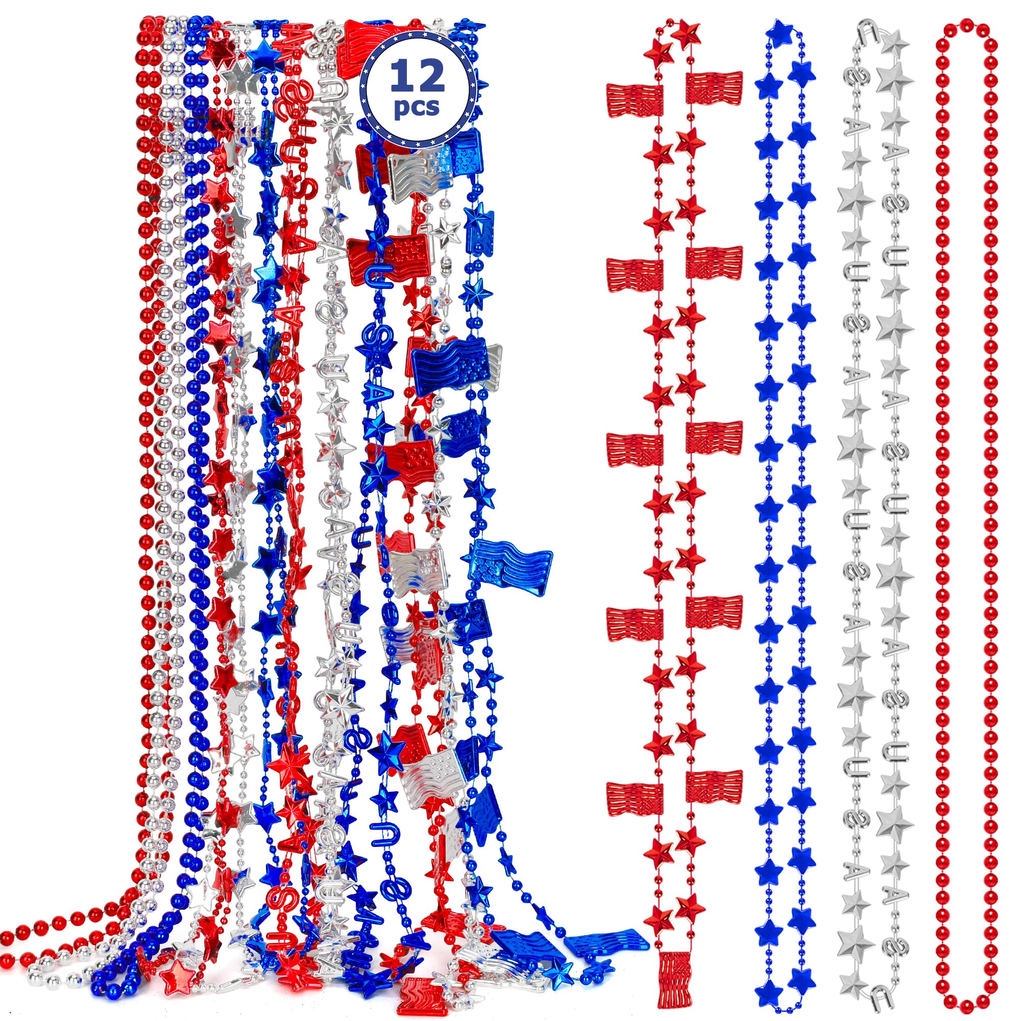 EOBOH 4th of July Necklace Accessories, 12PCS Fourth of July Beads Necklaces Bulk, Independence Day Red Blue White Stars USA Flags Necklace, Patriotic Bulk for Parade Party Favors Decorations