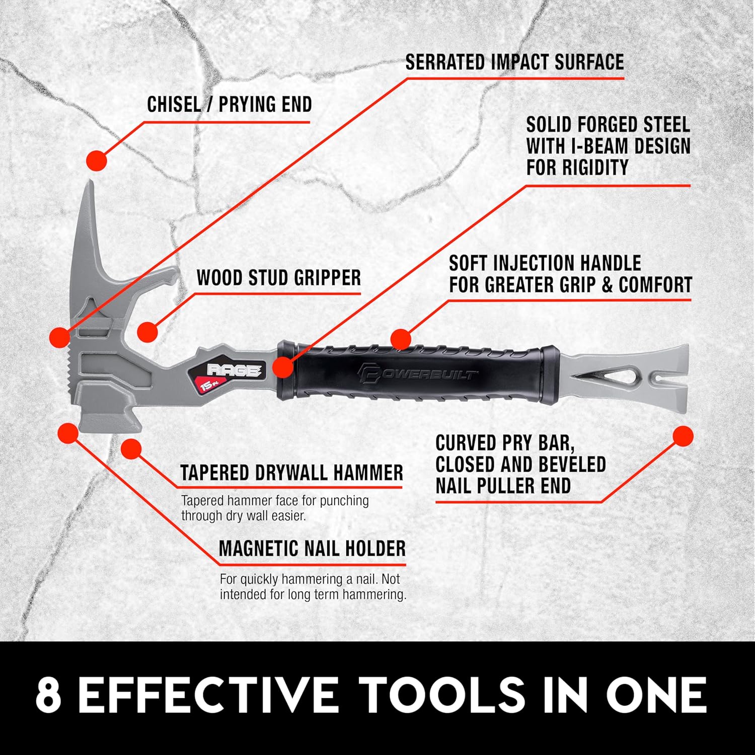 Powerbuilt 15 Inch Multi-Function Demolition Tool, Hammer, Nail Puller, Magnetic Nail Starter, Multi-Use, Heavy Duty Construction, DIY Hand Tools 942189GCT