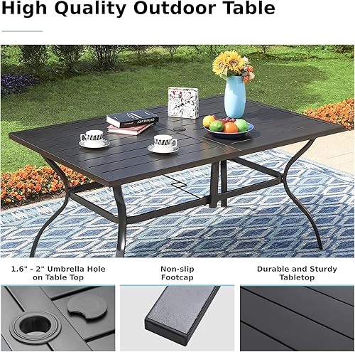 Miniatura 2 de MFSTUDIO Juego de comedor de patio para 6, juego de muebles de patio con sombrilla (beige), 6 sillas de listones de acero, 1 mesa rectangular grande