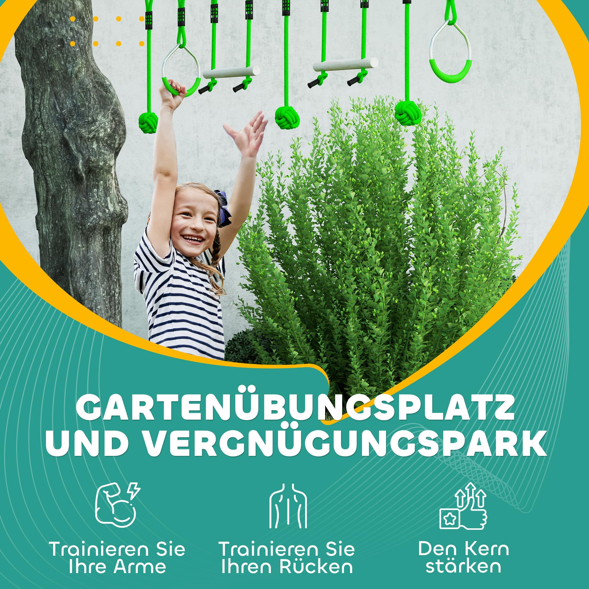 AIYAPLAY Seilrutsche Kinder 10 m Seilbahn Set für Kinder Outdoor Slackline mit 2 Turnringe, 2 Kletterstangen und 3 Spinnerräder, Backyard Zip Line Kit für Hinterhof Garten