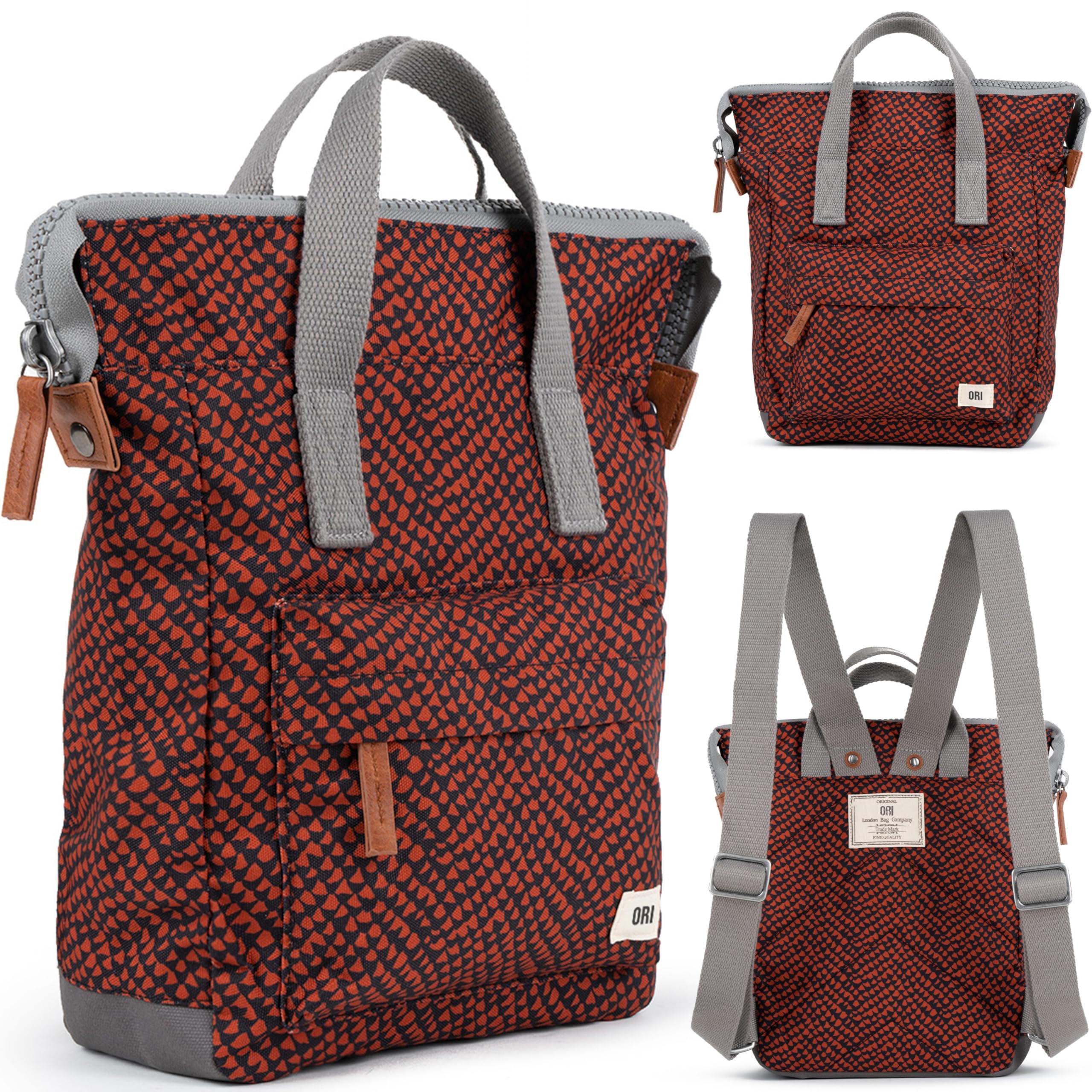 ORI LONDON Small Tote Bag Backpack - Nylon Tote Backpack for Women & Men - Wide Mouth, Chunky Zippers - The Bantry, Ginger Snake