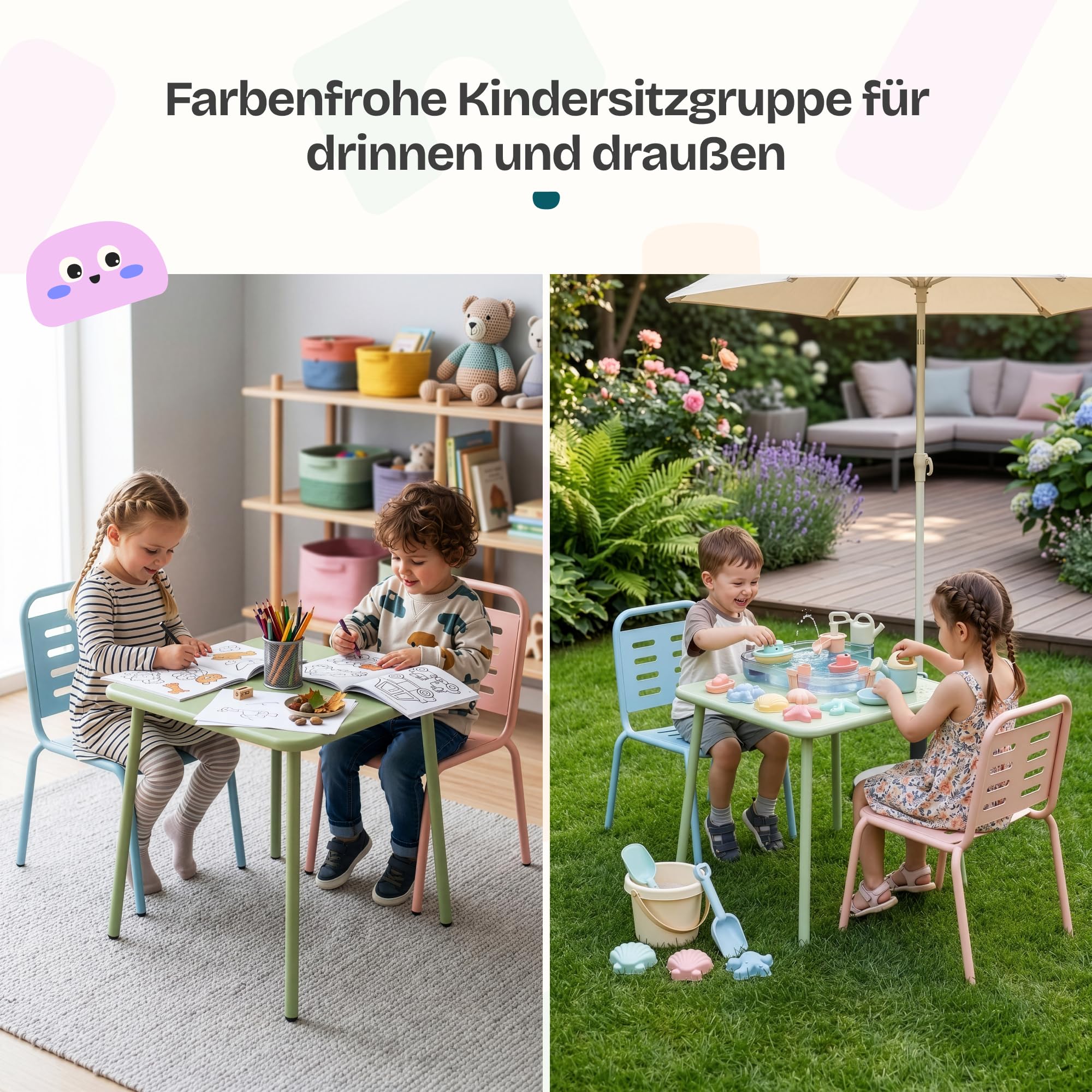 casa.pro Kindersitzgruppe Etroubles Kindertisch mit 2 Stühlen Kindertisch Kinderstuhl Sitzgruppe Outdoor Indoor Gartenmöbel Kinder Kindermöbel Kindersitzgarnitur Stahl Mehrfarbig