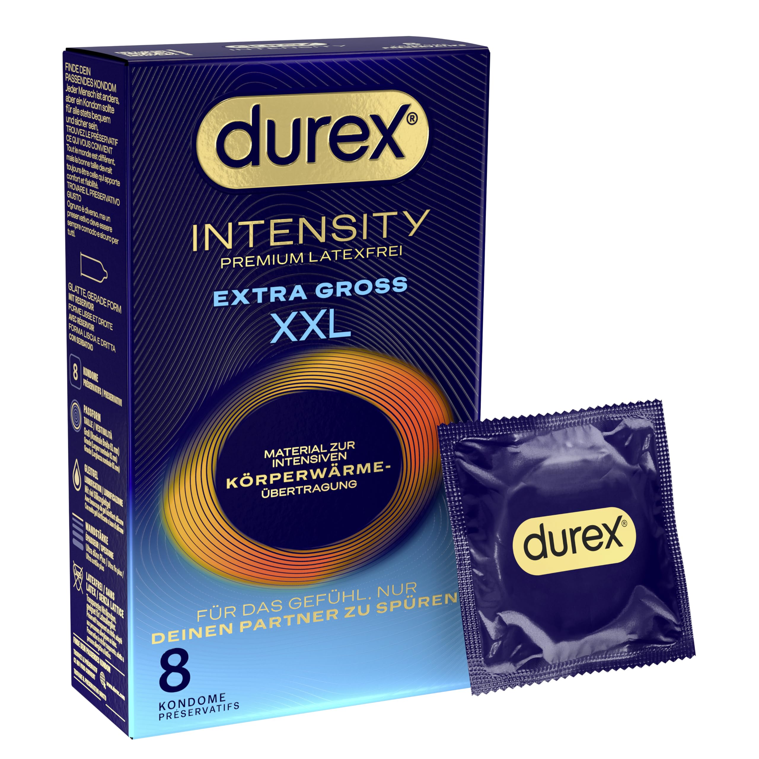 Durex Intensity Extra Groß XXL Kondome - Ultra dünn plus für intensive Körperwärmeübertragung - Mit Silikongleitgel befeuchtet - Ohne Latex - 8er Pack (1 x 8 Stück)