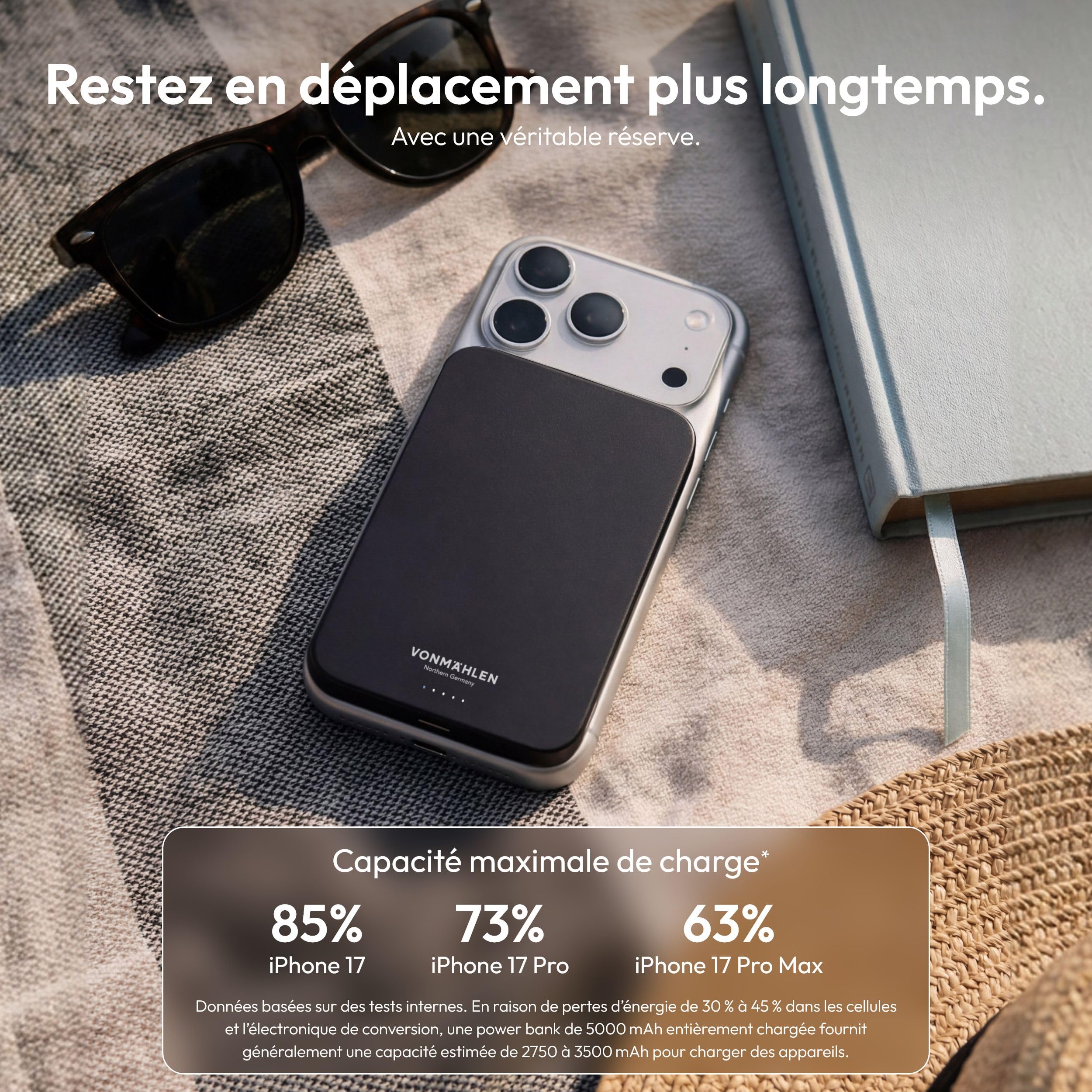 Vonmählen Evergreen Mag - Batterie Externe magnétique Ultra-Fine 5000 mAh, Charge Rapide sans Fil et USB‑C PD, certifiée Qi2 - Noir