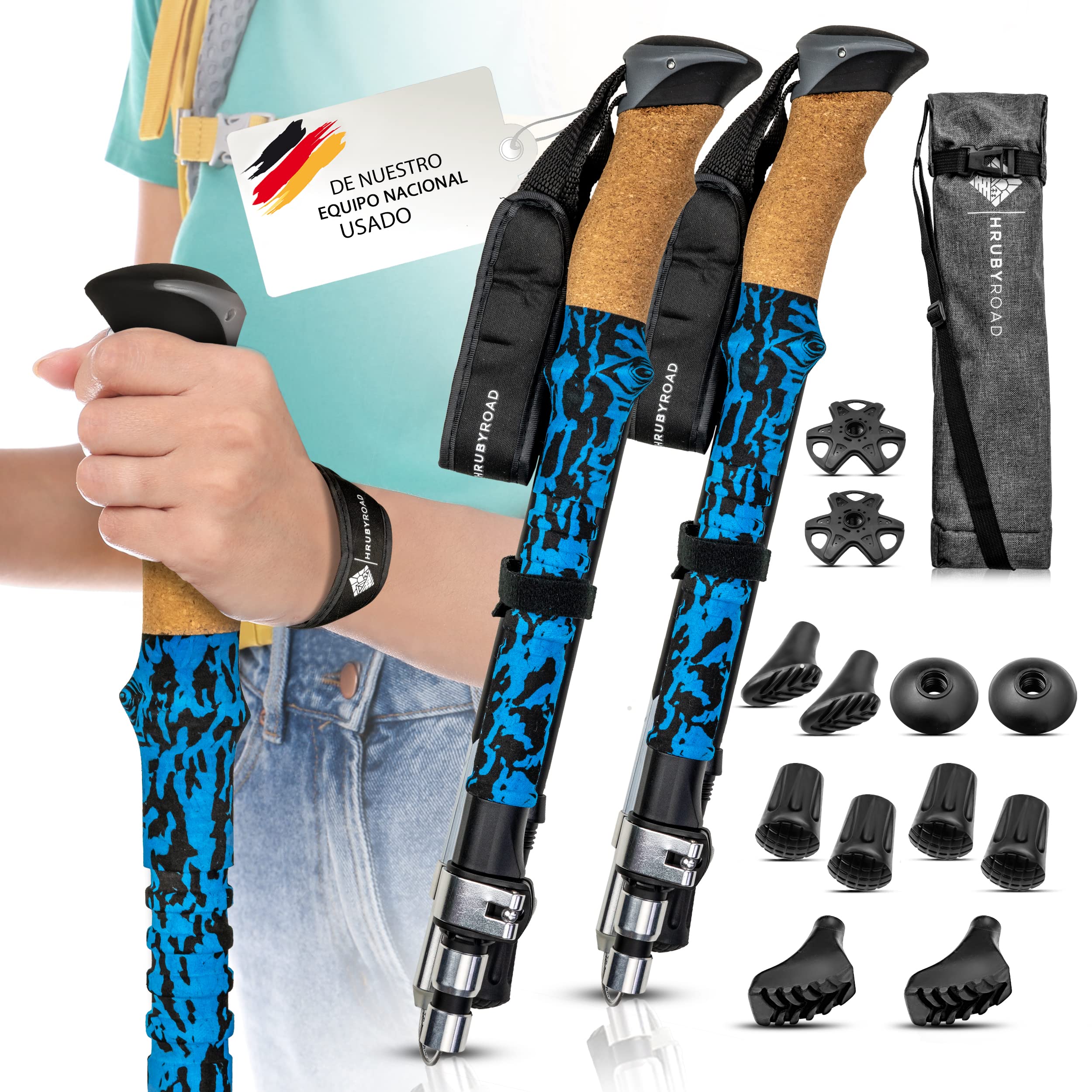 HrubyRoad® Bastones de Senderismo Telescópicos | Bastones de Marcha Nórdica Mujeres y Hombres | Bastones de Trekking Ultraestables [con 6 Accesorios]