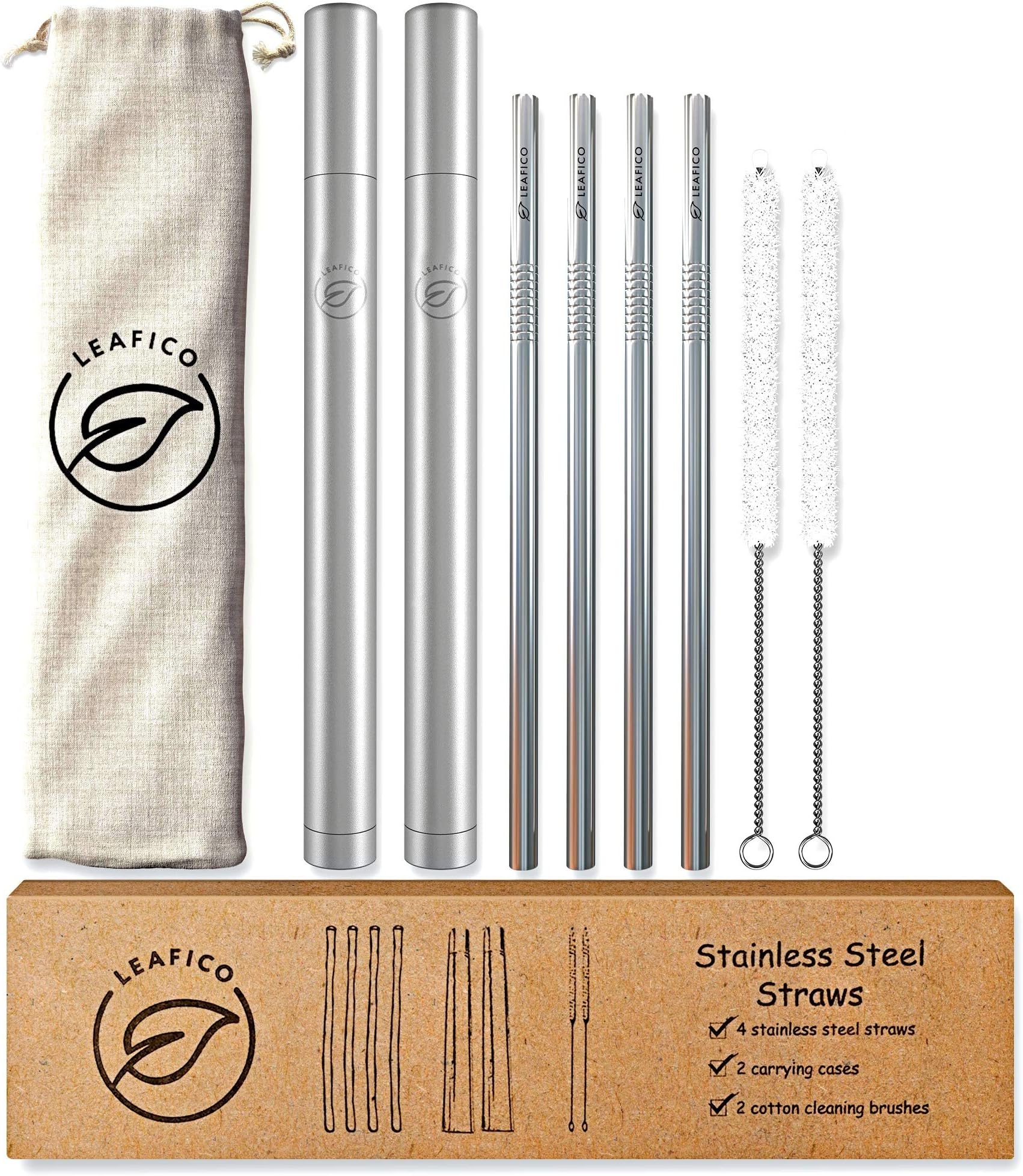 LEAFICO Reusable Stainless Steel Straws - Metal Drinking ECO Straws - Portable Steel Straws with Case & Cotton Cleaning Brushes - Smoothie Cocktail Boba Bubble Tea Coffee Straws