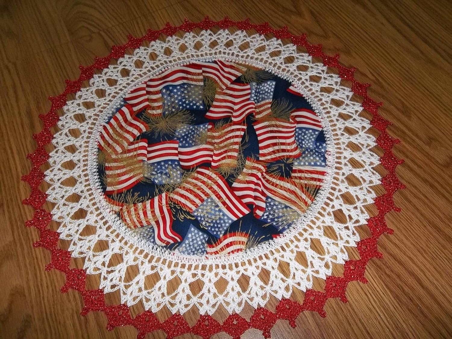 Patriotic Doily Flags & Fireworks 4th of July Table Topper Round Lace Table Decoration Fabric Center Doily Crocheted Edge 18 Inches Centerpiece