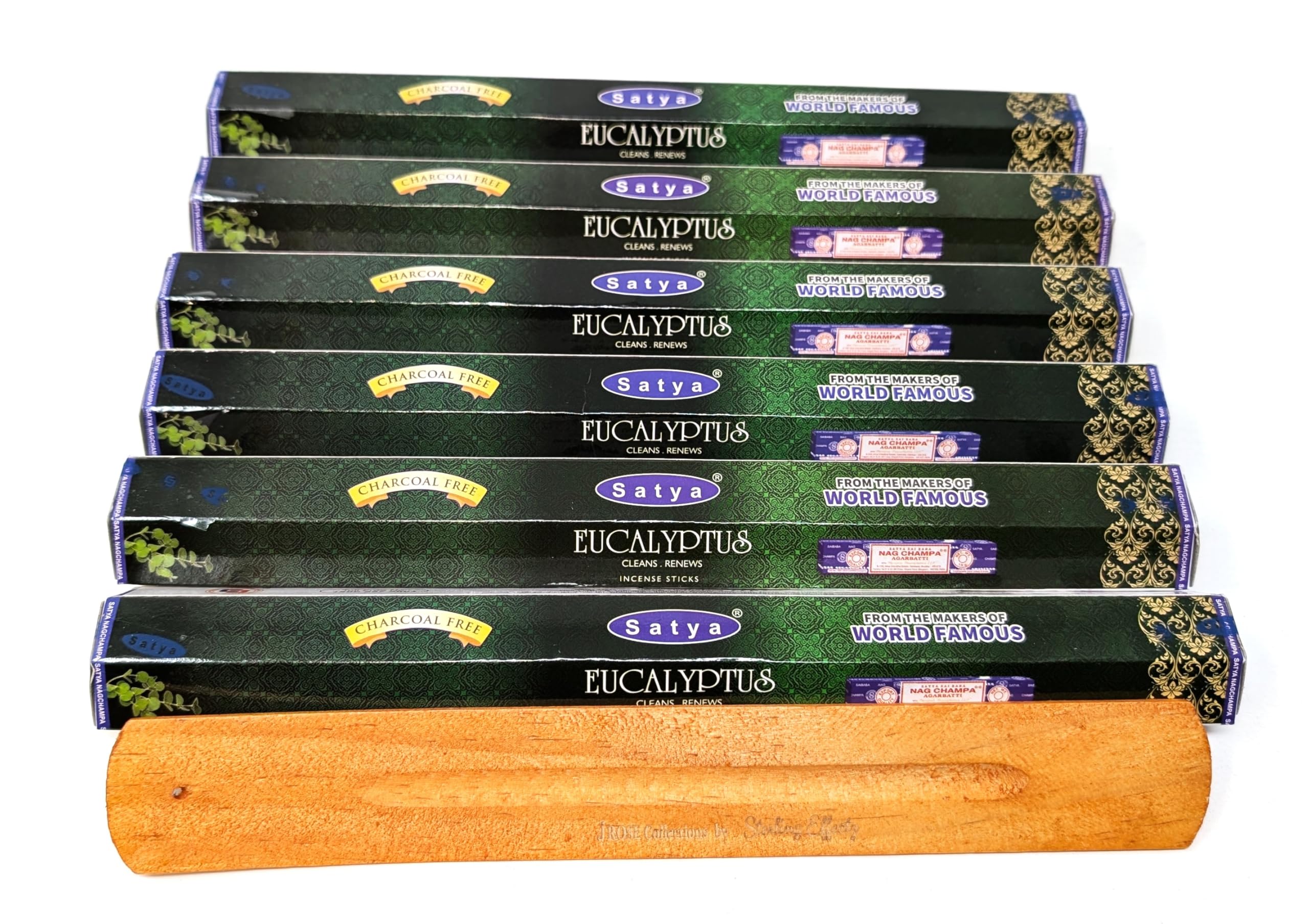 Satya Incense Sticks Hexa Box (120 Sticks) - Eucalyptus Fragrance with JRose Wooden Incense Stick Holder | Aromatherapy, Relaxation, Meditation, and Yoga | Natural & Long-Lasting Scent