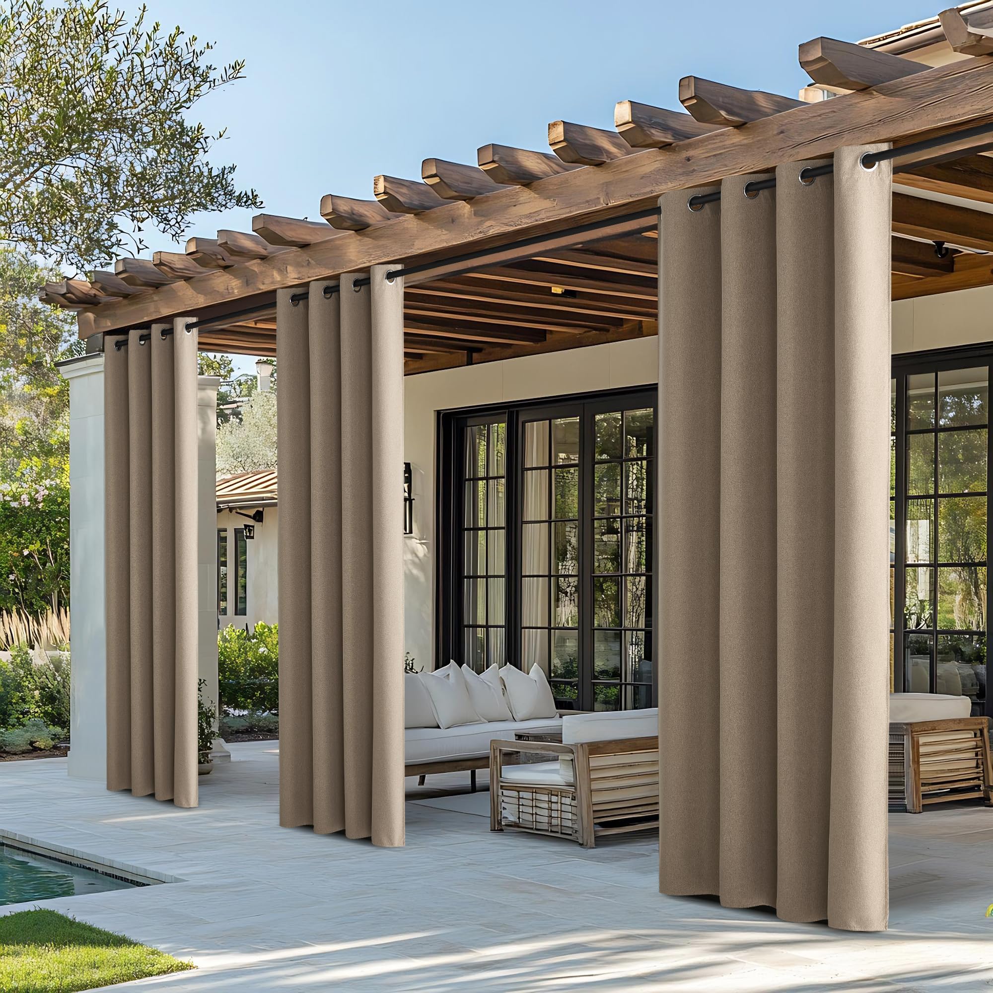 NICETOWN Outdoor Curtains for Patio Waterproof, Thermal Insulated Linen Textured 100% Blackout Outside Drapes for Gazebo, Privacy Sun Shades for