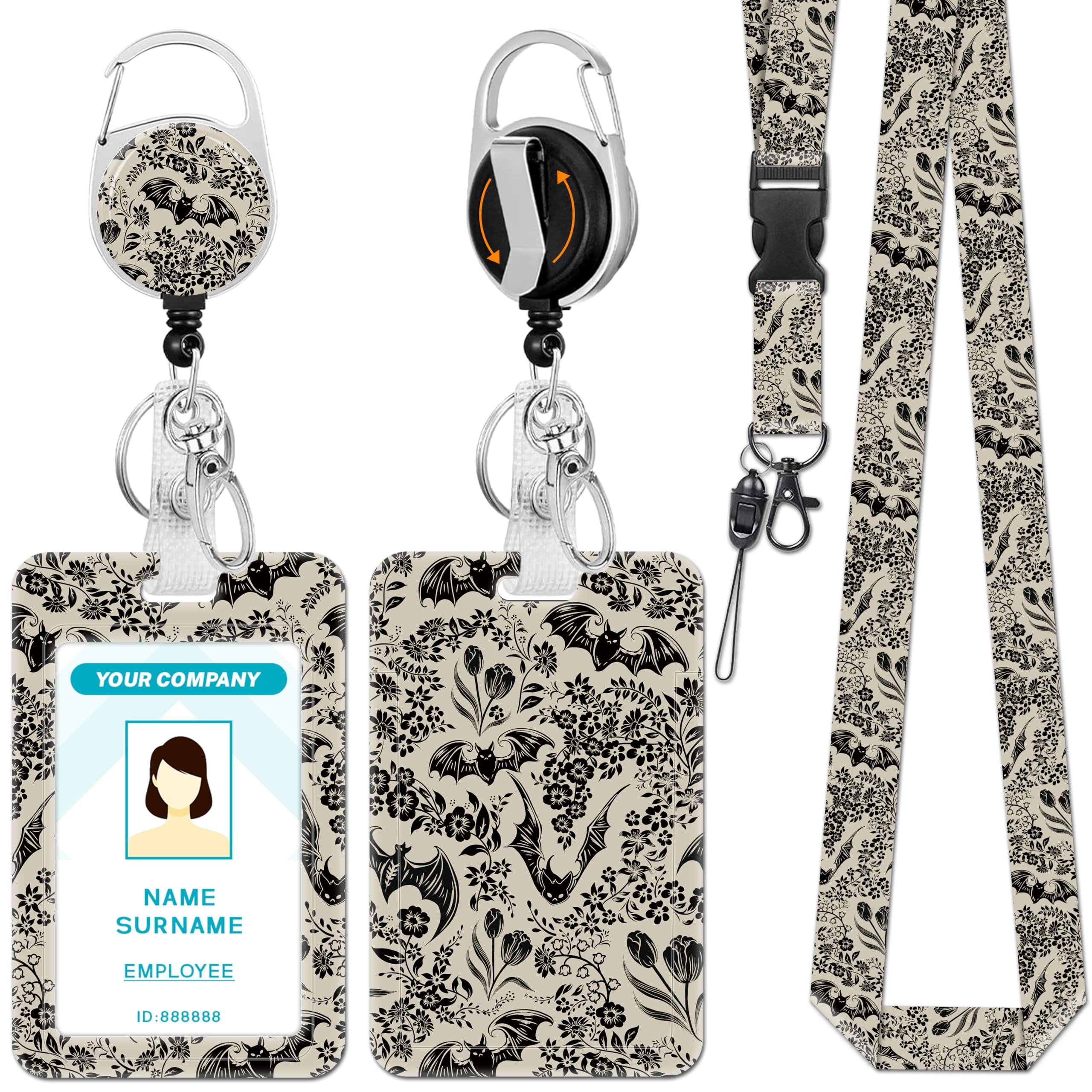 Hancynir Goth Bat Floral Lanyards for Id Badges, Gothic Badge Holder with Retractable Reel Clip, Work Name Tags Keychain Lanyard with ID Holder, Card