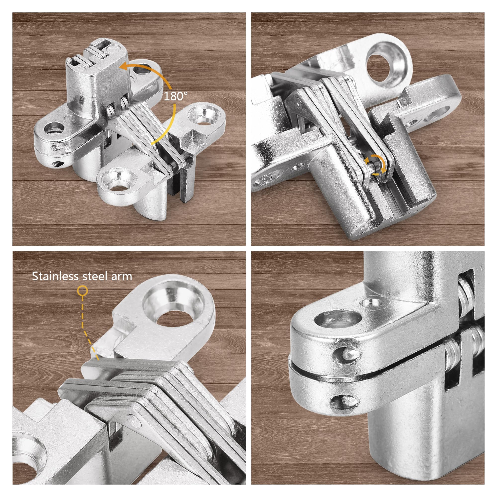 Lpraer 6 Packs Hidden Door Hinges Invisible 180 Degree Cross Hinge for Doors Kitchen Cabinet Hinges Concealed,Stainless Steel - Image 2