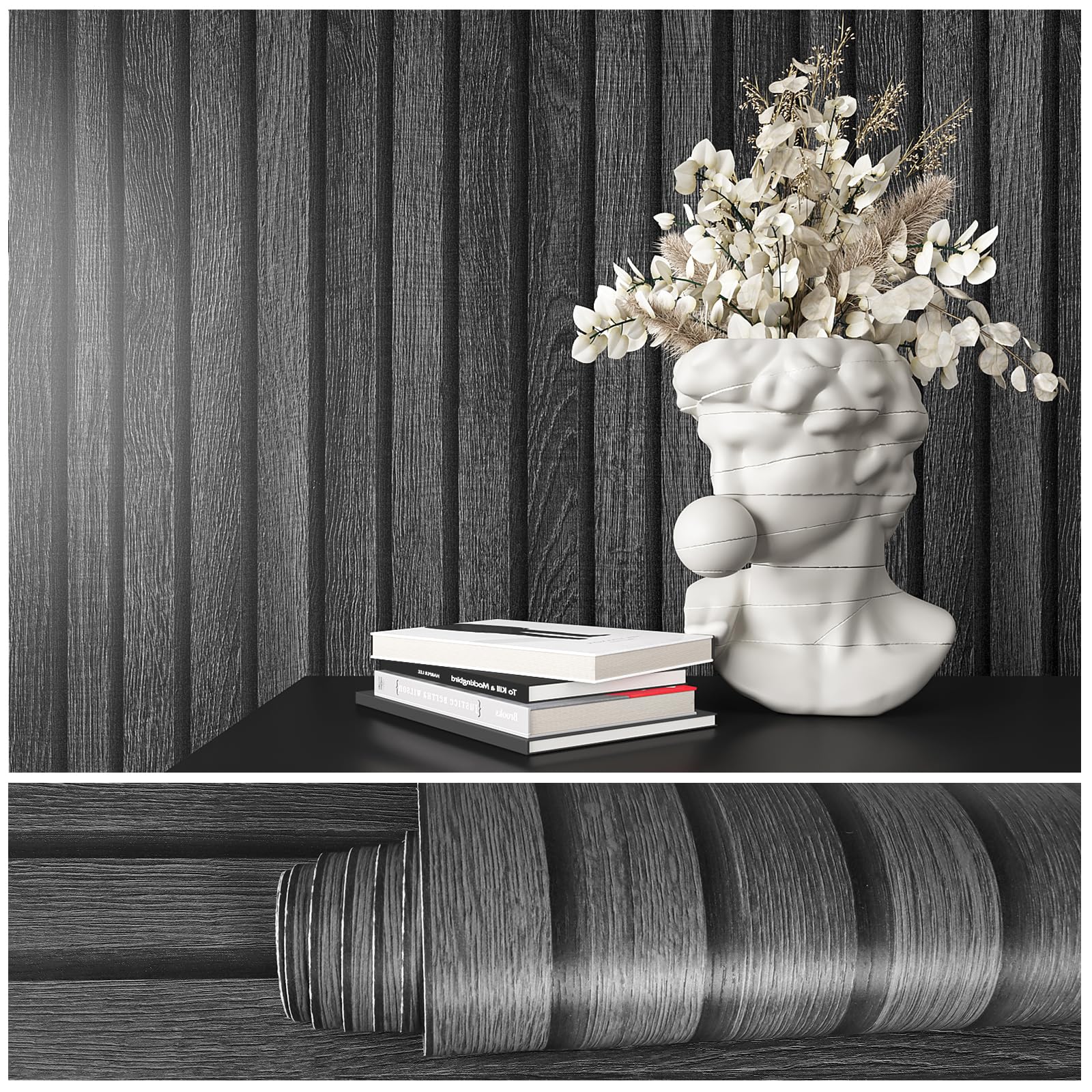 Papel pintado madera contra humedad con vinilo adhesivo muebles paneles negro y gris