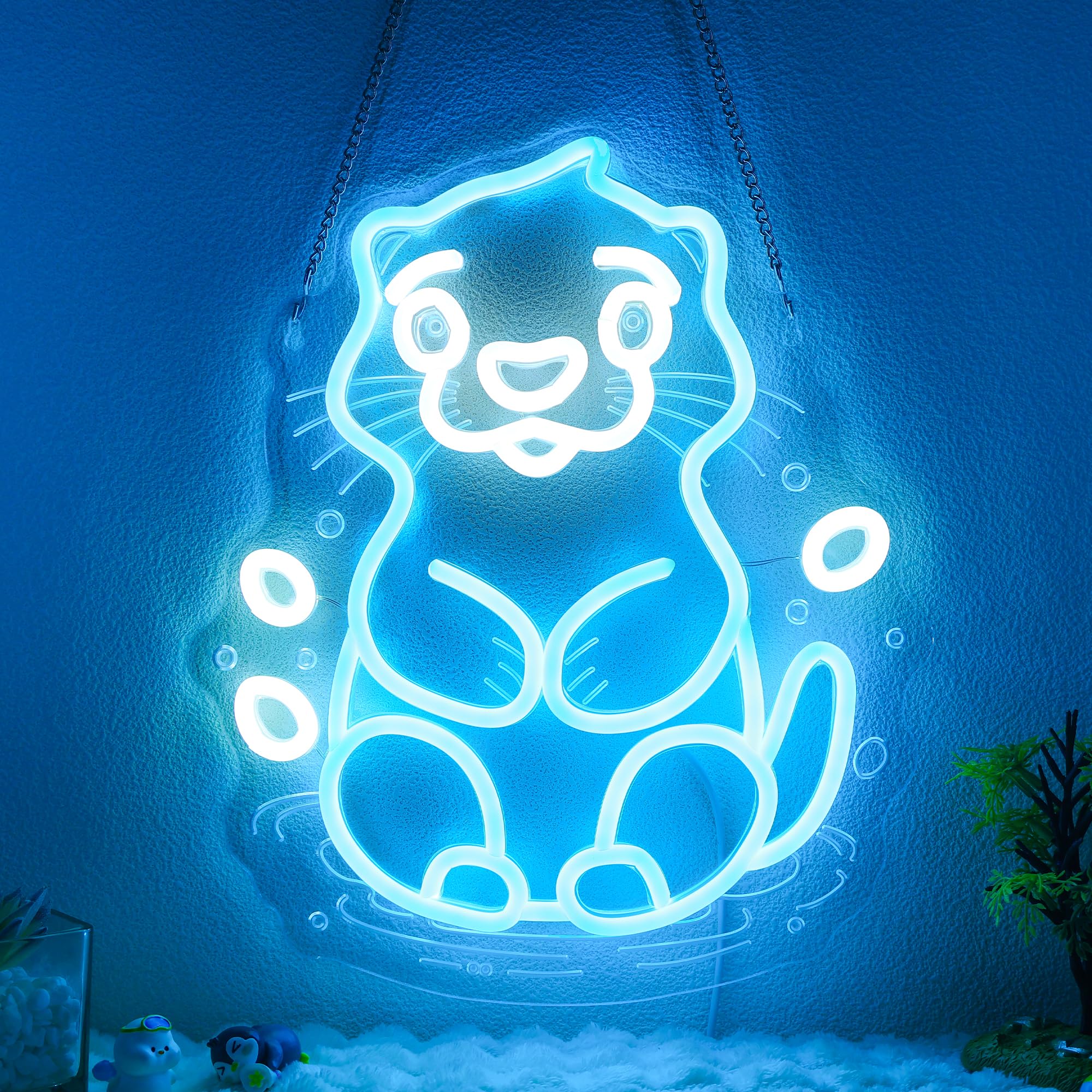 Sea Otter Neon Signs for Wall Decor, Neon Lights for Bedroom Living Room Office Pet Stores Aquariums, 5V USB Power with Hanging Chain Hooks
